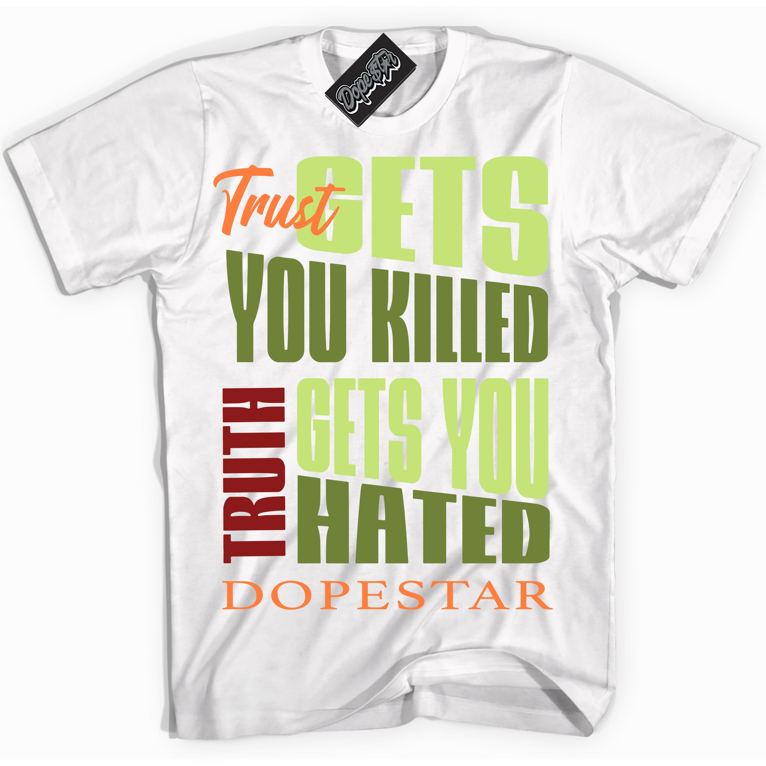 White “Trust Truth” T-shirt by Dope Star Brand®, styled to match Green Curry Dunk sneakers