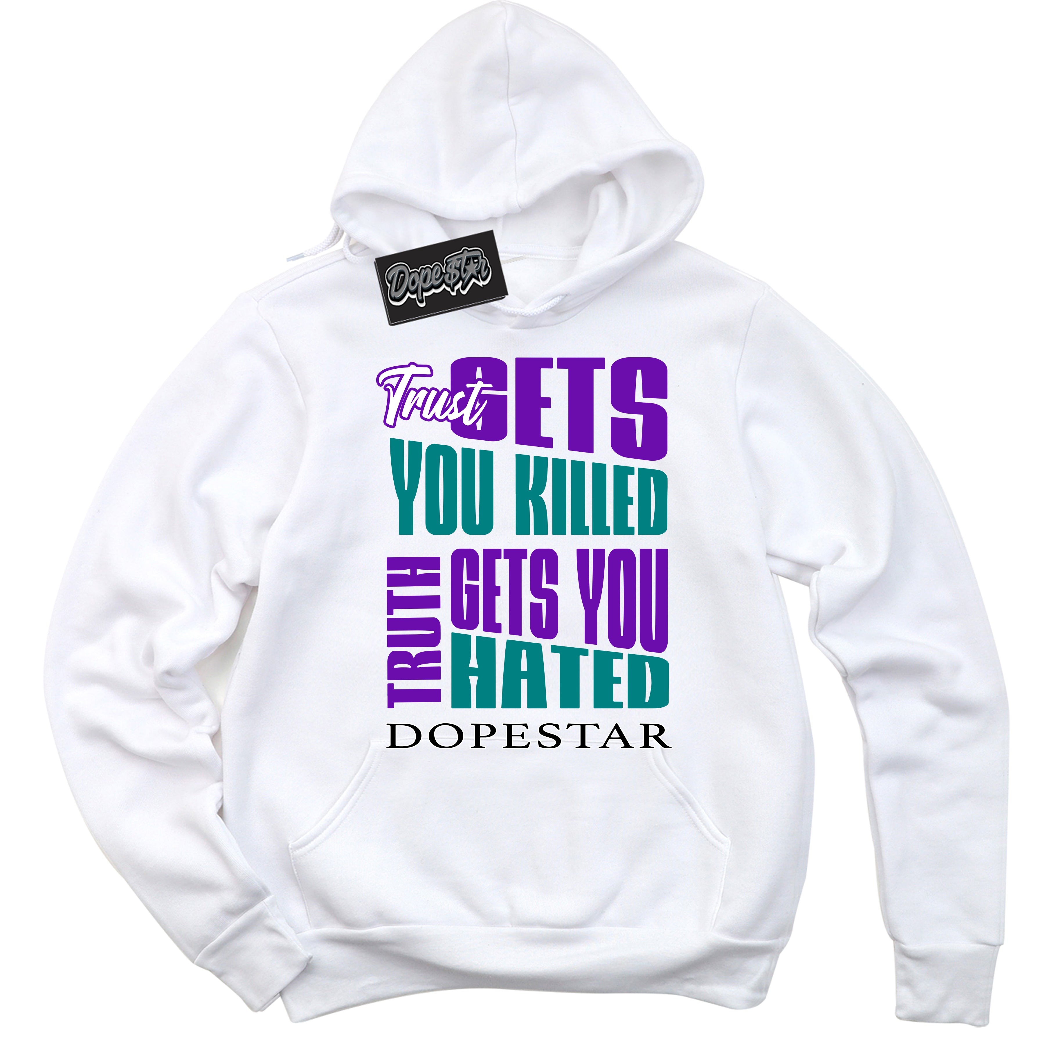 White “Trust Truth” Hoodie by Dope Star Brand®, styled to match Wizard Dunk sneakers