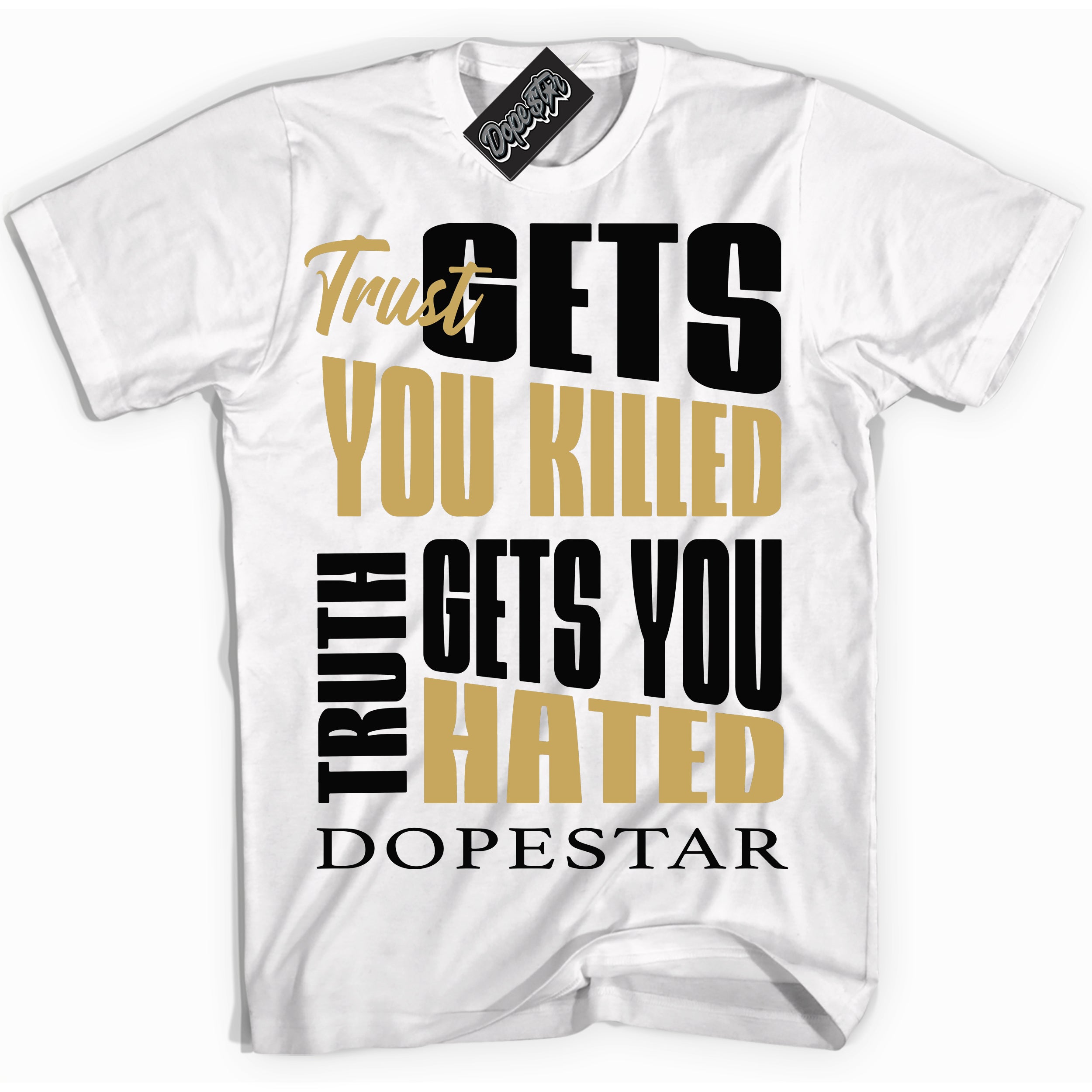 White “Trust Truth” T-shirt by Dope Star Brand®, styled to match Rookie of The Year 1s sneakers