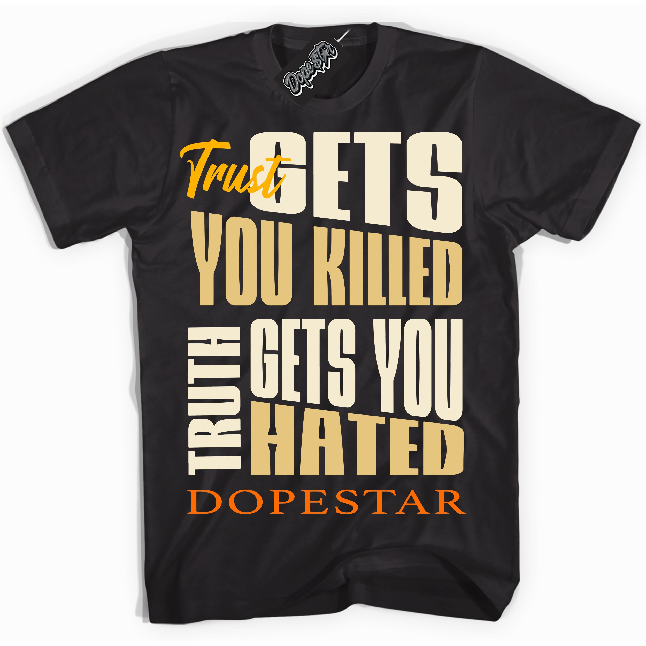 Black “Trust Truth” T-shirt by Dope Star Brand®, styled to match Saturn Gold Dunk sneakers