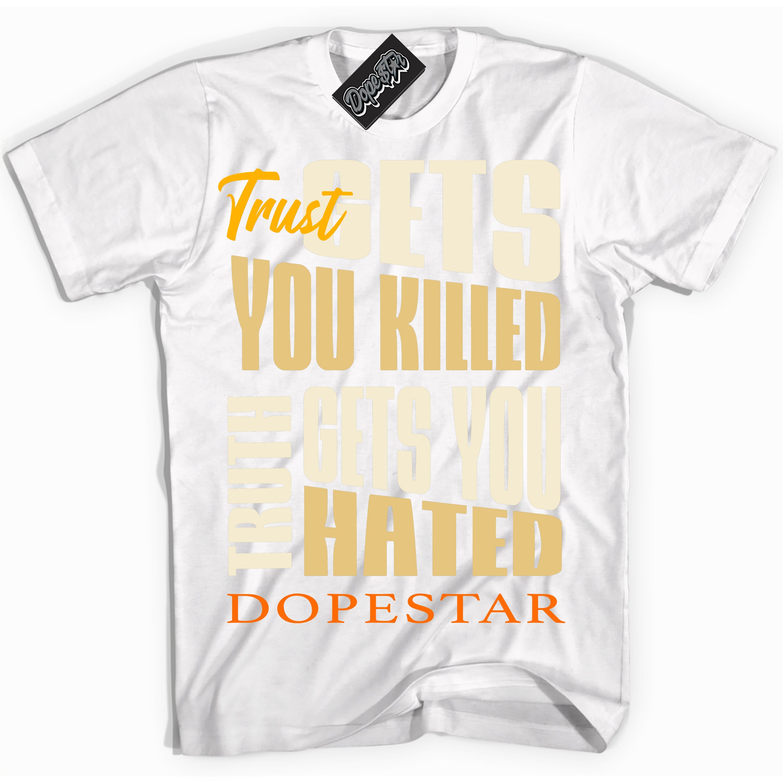 White “Trust Truth” T-shirt by Dope Star Brand®, styled to match Saturn Gold Dunk sneakers