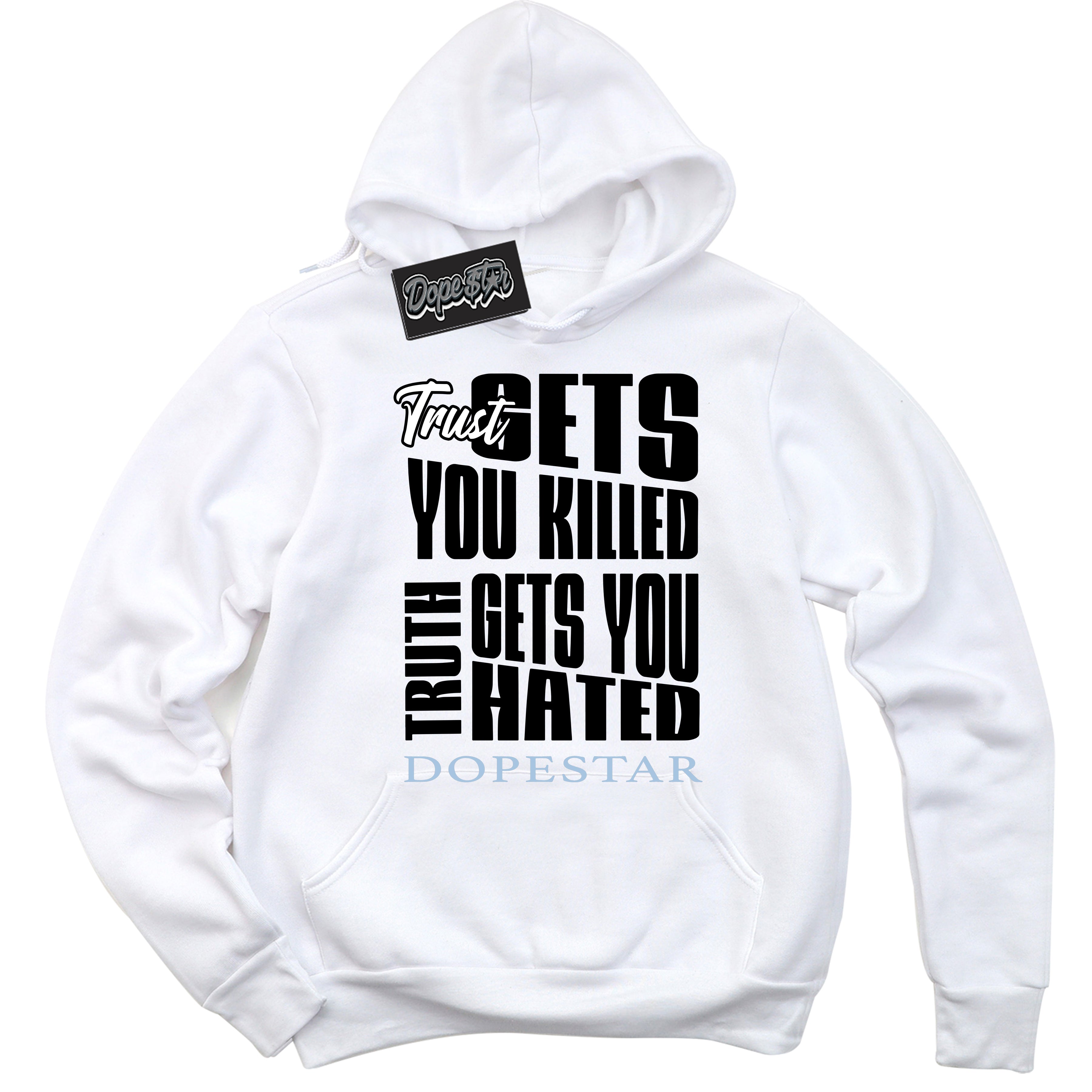 White “Trust Truth” Hoodie by Dope Star Brand®, styled to match Reverse Panda Dunk sneakers