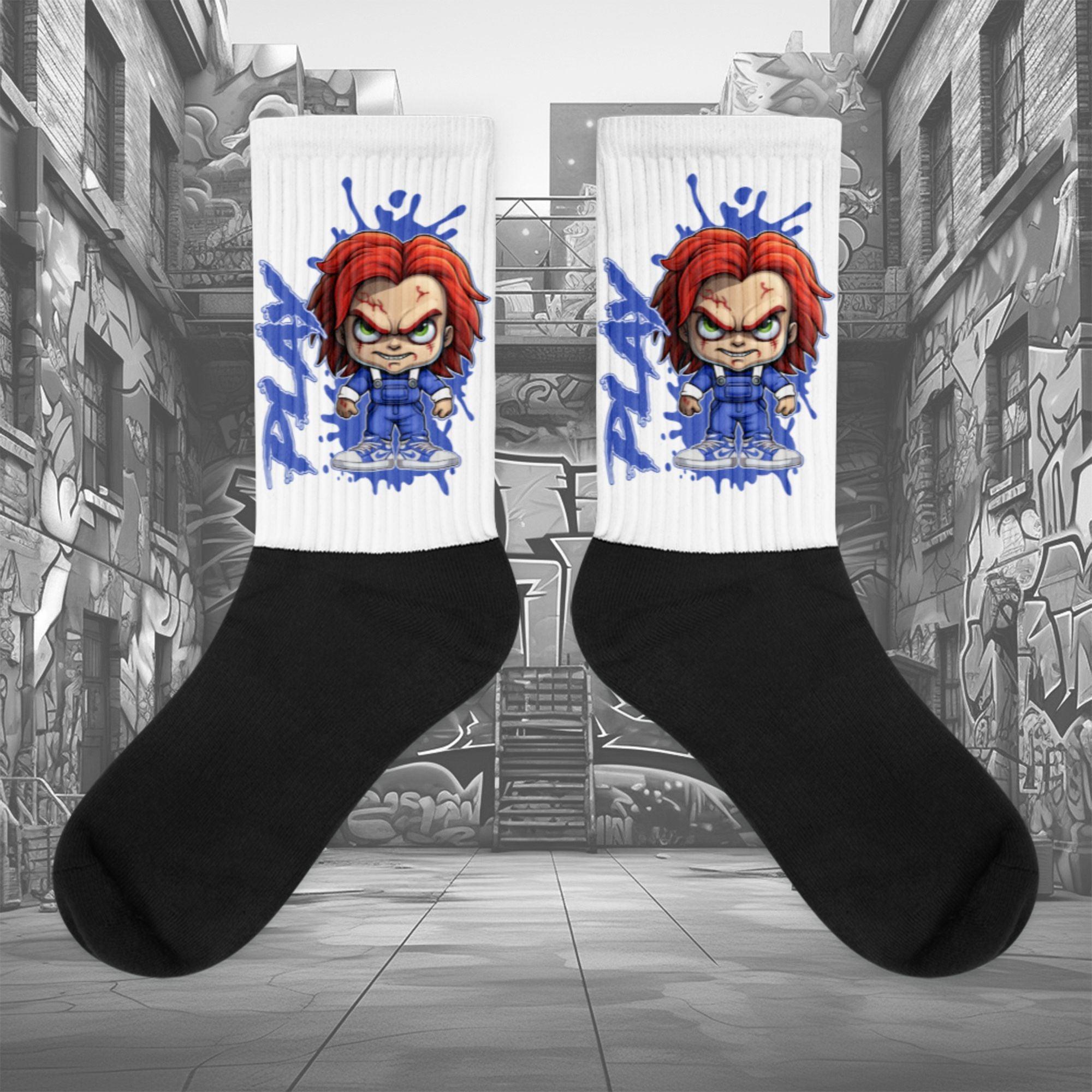 Showcases the view of the socks, highlighting the vibrant ' MEDUSA ' design, which perfectly complements the Nike Dunk Disrupt 2 Hyper Royal sneakers. The intricate pattern and color scheme inspired by the theme are prominently displayed. Focusing on the ribbed leg , cusioned bottoms and the snug fit of the socks. This angle provides a clear view of the texture and quality of the material blend.