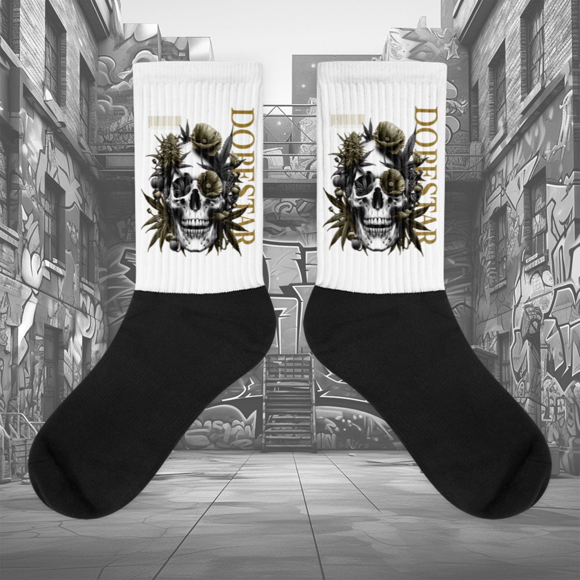 Showcases the view of the socks, highlighting the vibrant 'Skull Cannabis Poppies' design, which perfectly complements the Air Jordan 1 Retro High OG Next Chapter Spider-Verse sneakers. The intricate pattern and color scheme inspired by the Spider-Verse theme are prominently displayed.  Focusing on the ribbed leg , cusioned bottoms and the snug fit of the socks. This angle provides a clear view of the texture and quality of the material blend.