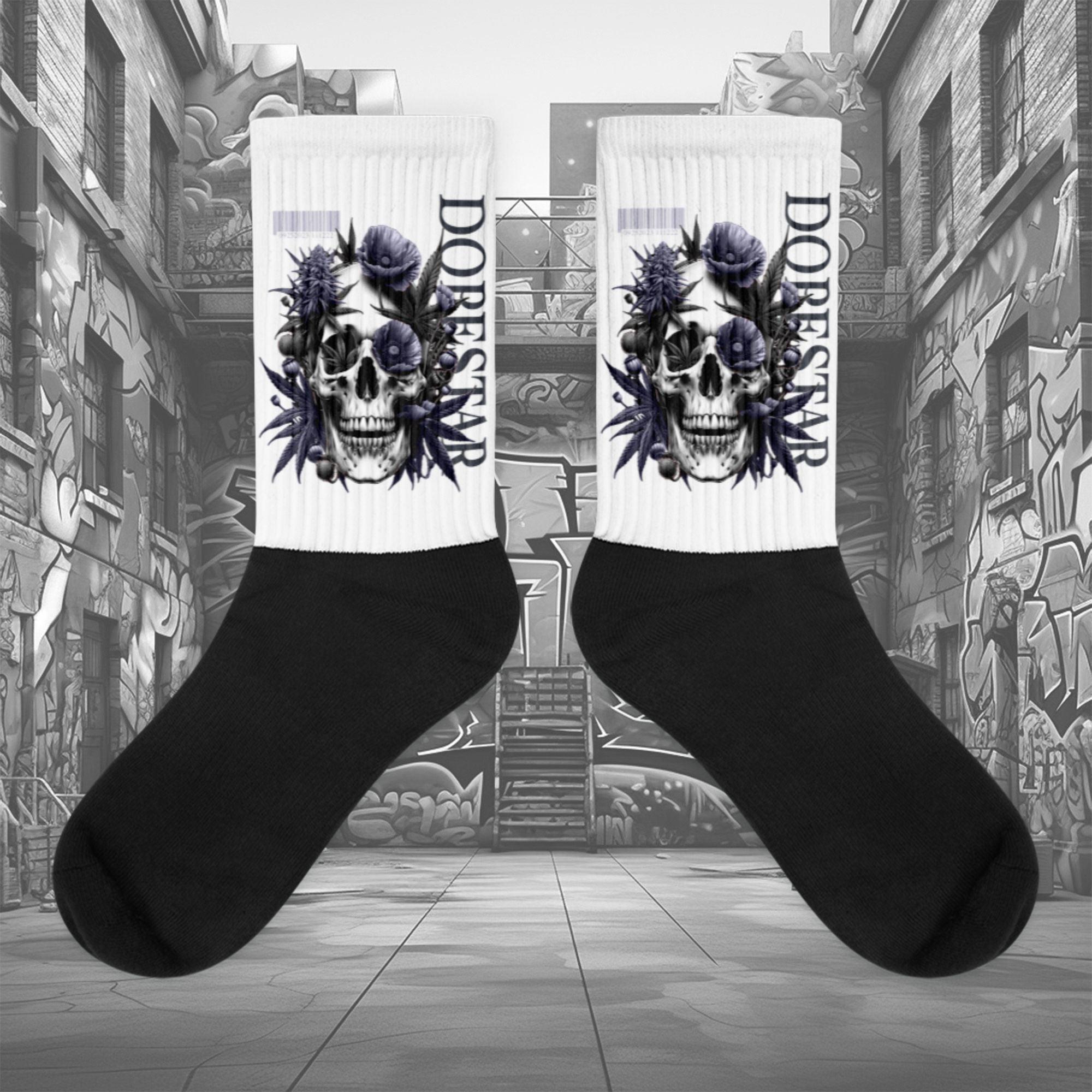 Showcases the view of the socks, highlighting the vibrant 'Skull Cannabis Poppies' design, which perfectly complements the Air Jordan 8 Winterized  sneakers. The intricate pattern and color scheme inspired by the  theme are prominently displayed.  Focusing on the ribbed leg , cusioned bottoms and the snug fit of the socks. This angle provides a clear view of the texture and quality of the material blend.