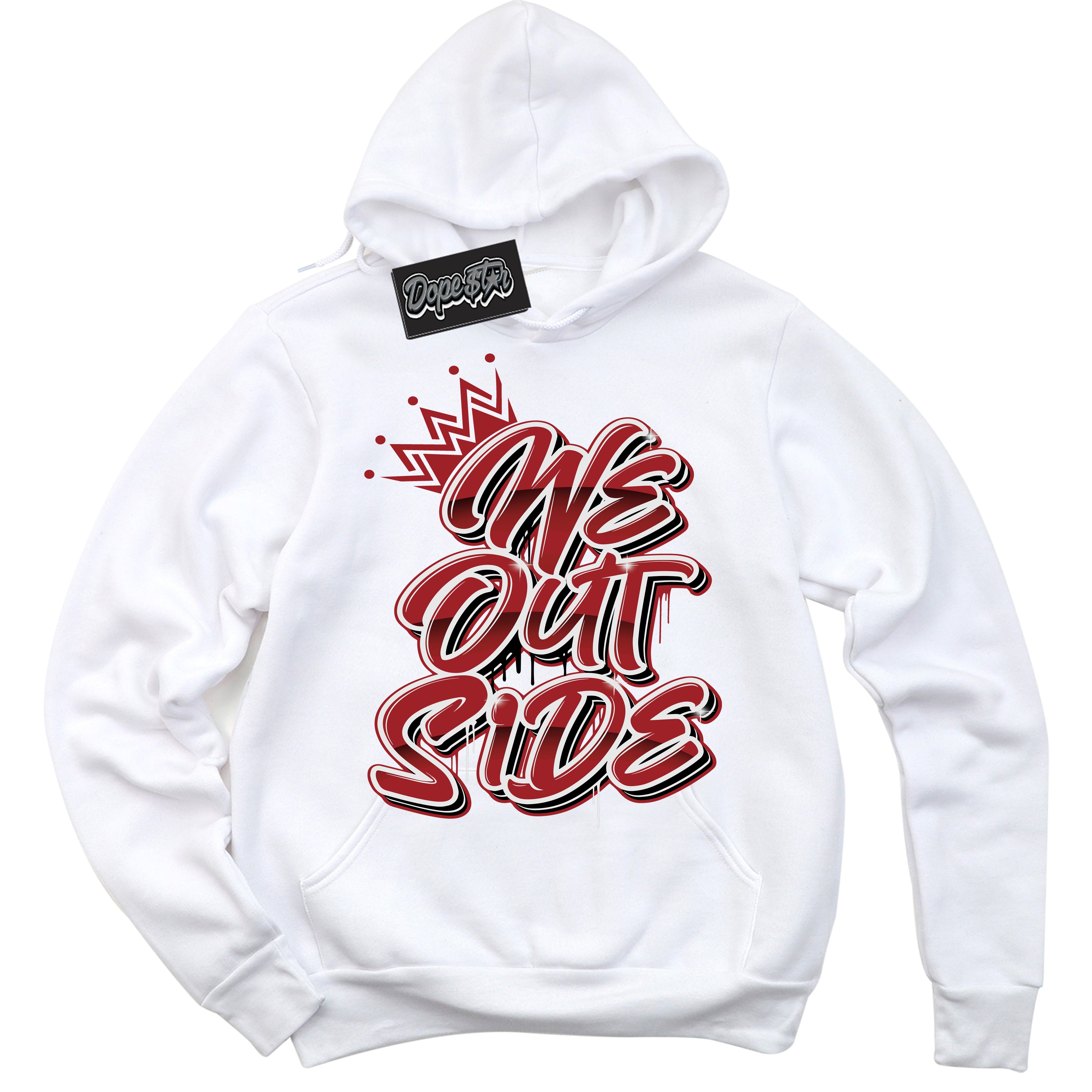Cool White Hoodie With “ We Outside “ Design That Perfectly Matches Lost And Found 1s Sneakers.