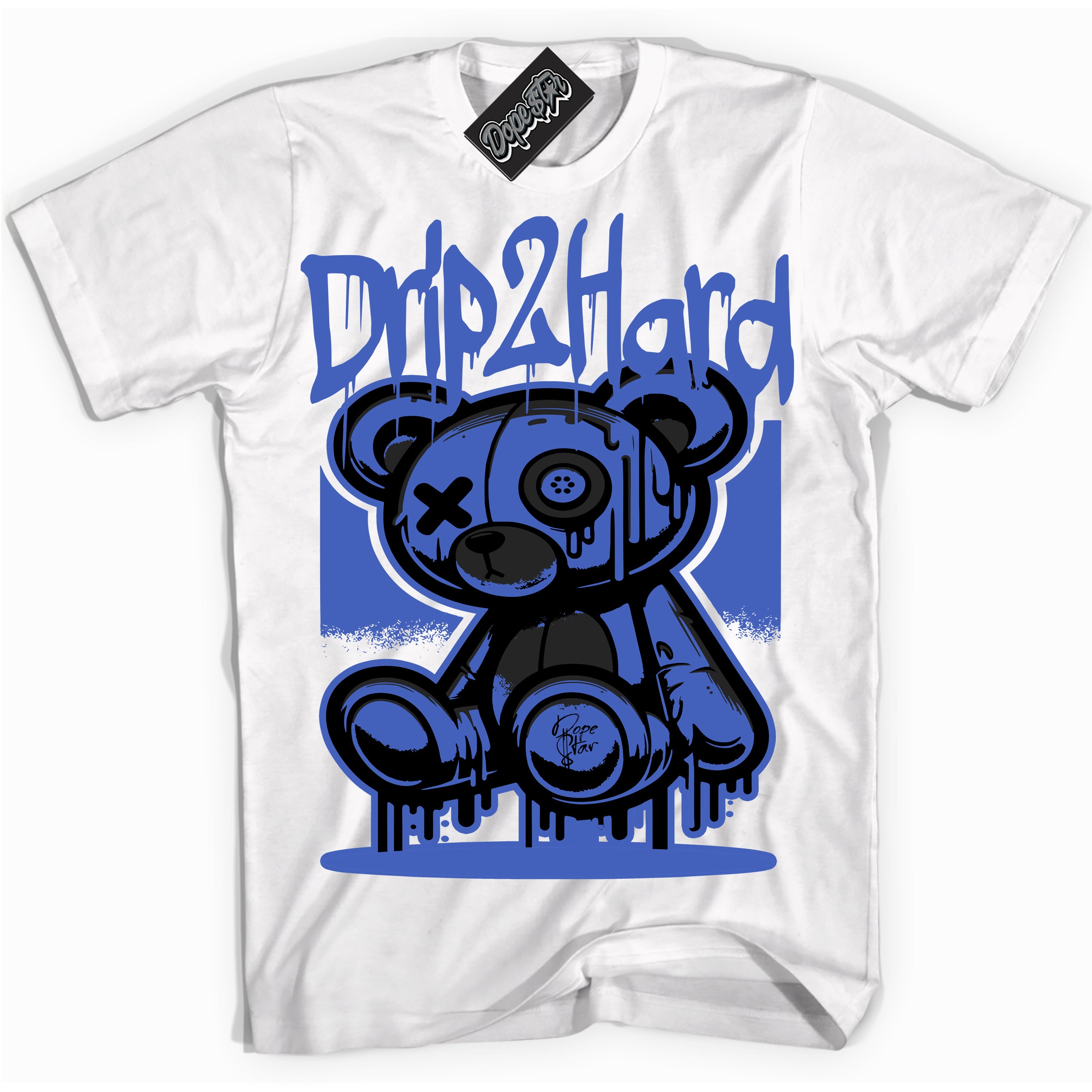 Cool White graphic tee with “ Drip 2 Hard ” design, that perfectly matches Yeezy Boost 350 V2 Dazzling Blue