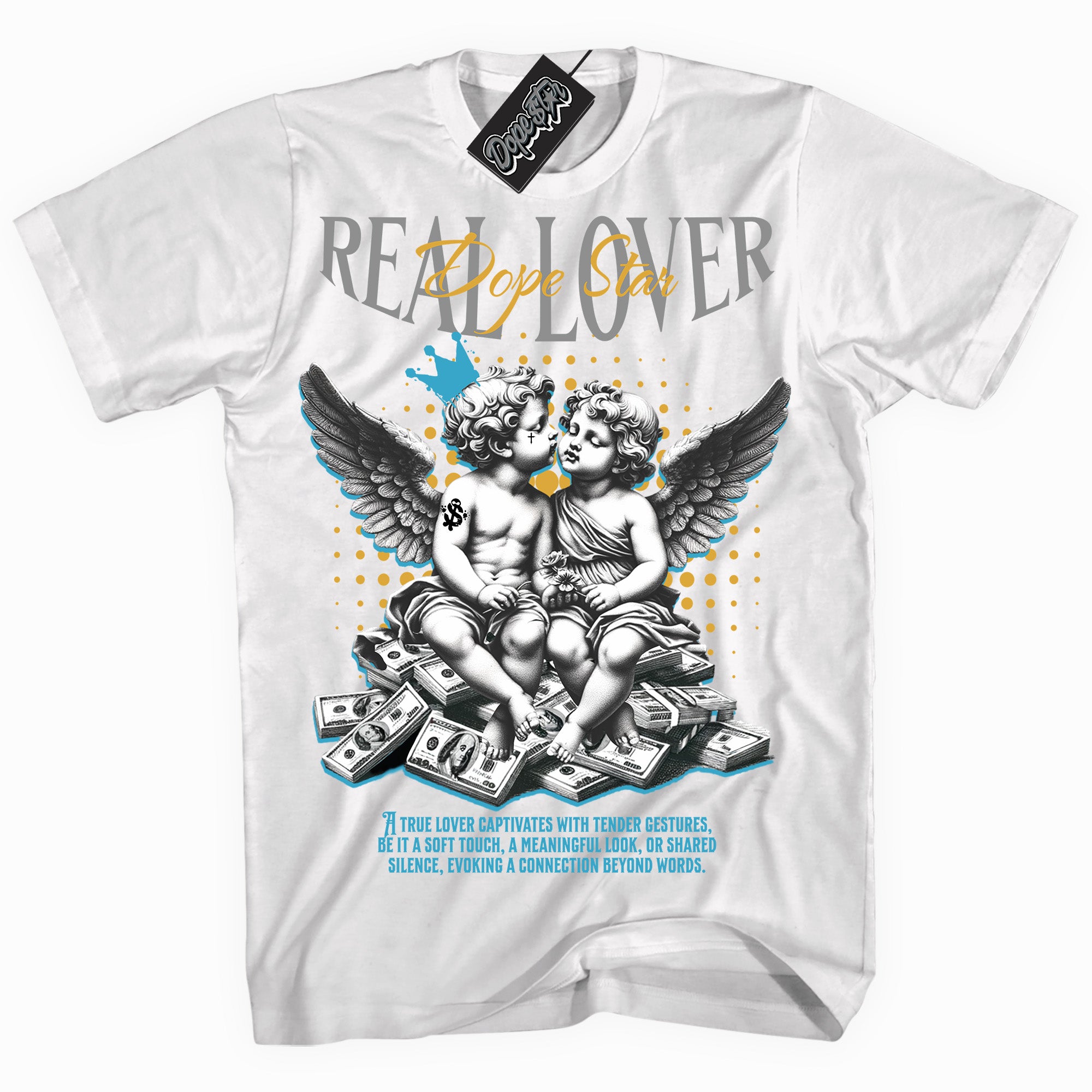 Cool White graphic tee with “ Real Lover ” print, that perfectly matches AQUA 5s sneakers