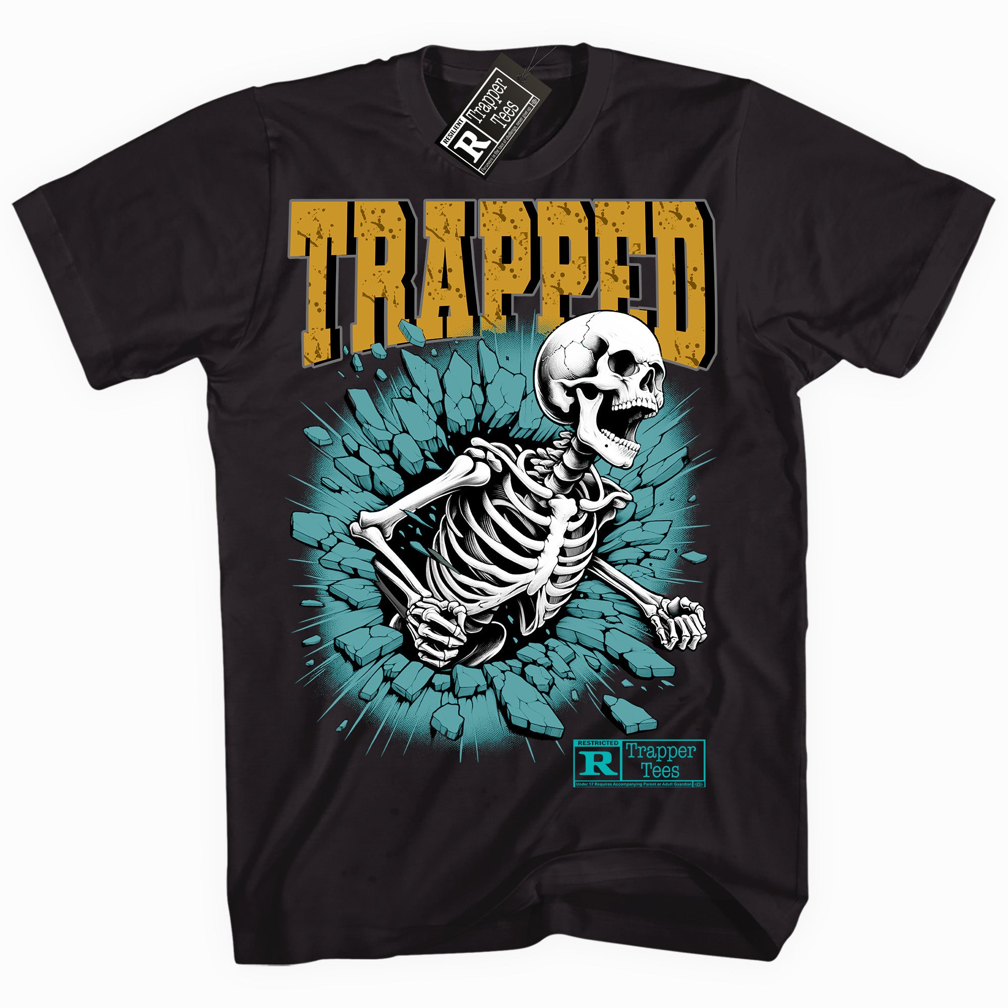 Cool Black graphic tee with “ Trapped ” print, that perfectly matches Aqua 5s sneakers