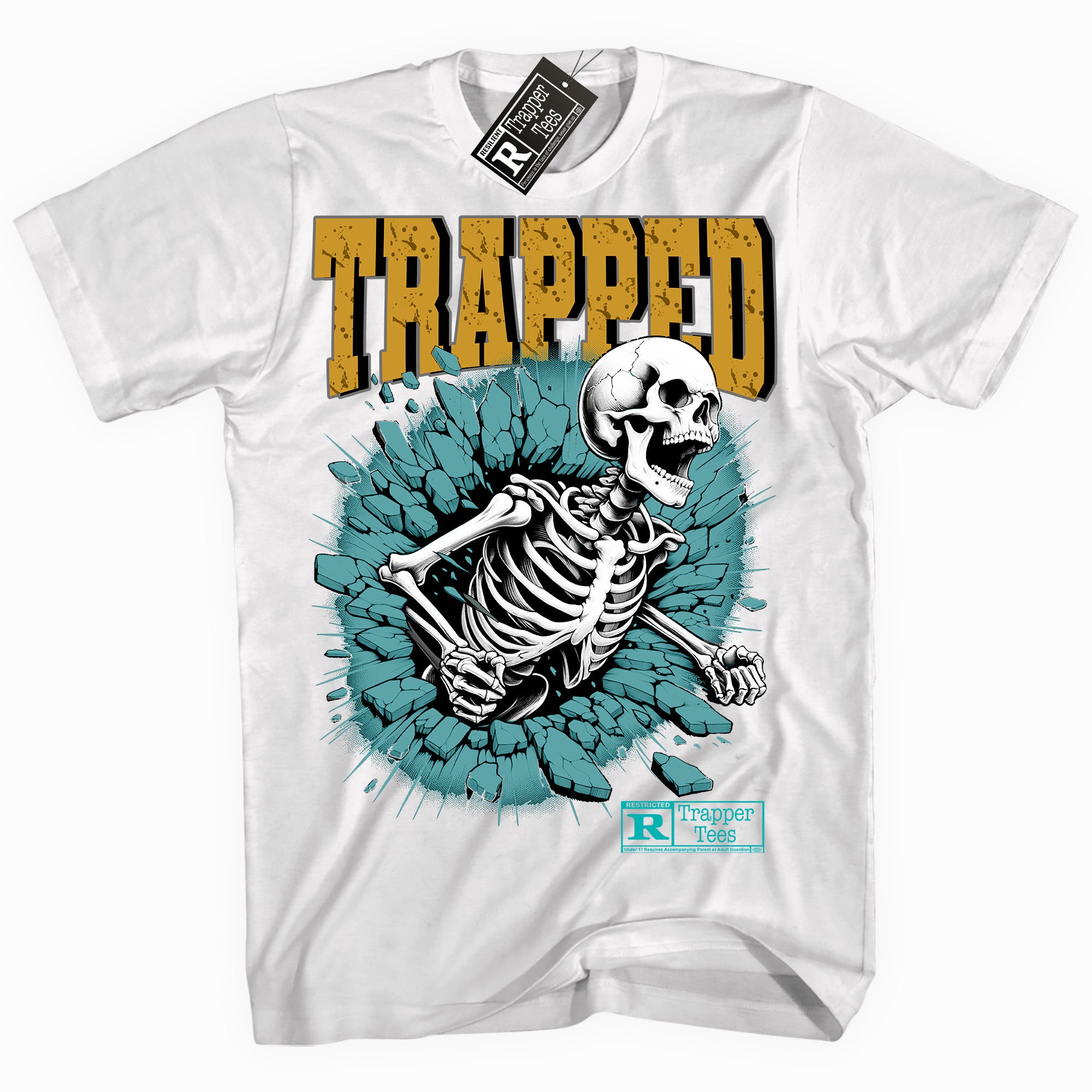 Cool White graphic tee with “ Trapped ” print, that perfectly matches Aqua 5s sneakers