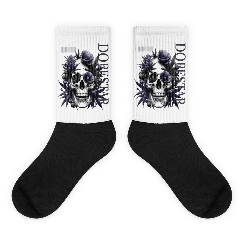 Showcases the view of the socks, highlighting the vibrant 'Skull Cannabis Poppies' design, which perfectly complements the Air Jordan 8 Winterized  sneakers. The intricate pattern and color scheme inspired by the  theme are prominently displayed.  Focusing on the ribbed leg , cusioned bottoms and the snug fit of the socks. This angle provides a clear view of the texture and quality of the material blend.