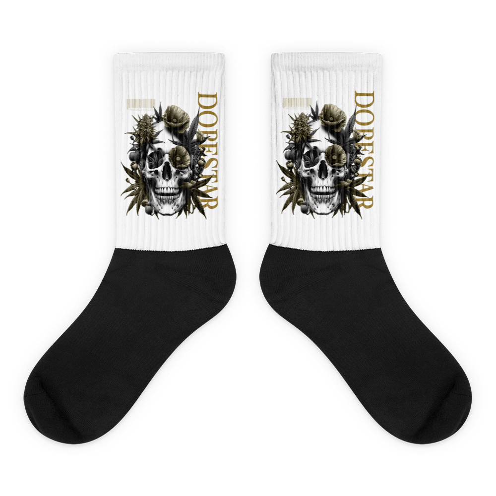 Showcases the view of the socks, highlighting the vibrant 'Skull Cannabis Poppies' design, which perfectly complements the Air Jordan 1 Retro High OG Next Chapter Spider-Verse sneakers. The intricate pattern and color scheme inspired by the Spider-Verse theme are prominently displayed.  Focusing on the ribbed leg , cusioned bottoms and the snug fit of the socks. This angle provides a clear view of the texture and quality of the material blend.