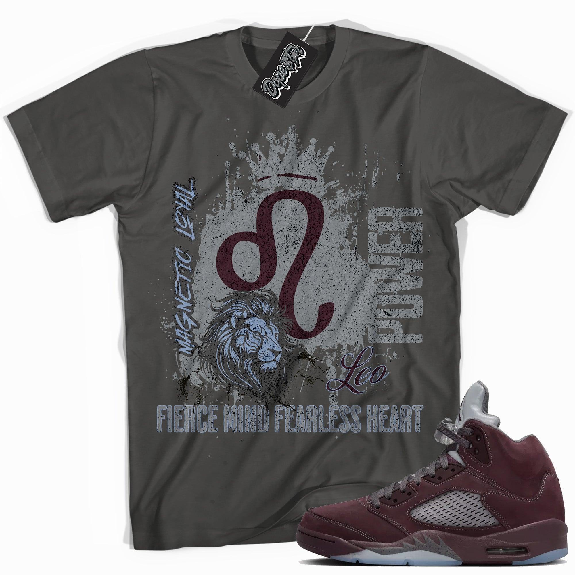 Cool Asphalt graphic tee with “ LEO ” print, that perfectly matches Air Jordan 5 Burgundy 2023 sneakers