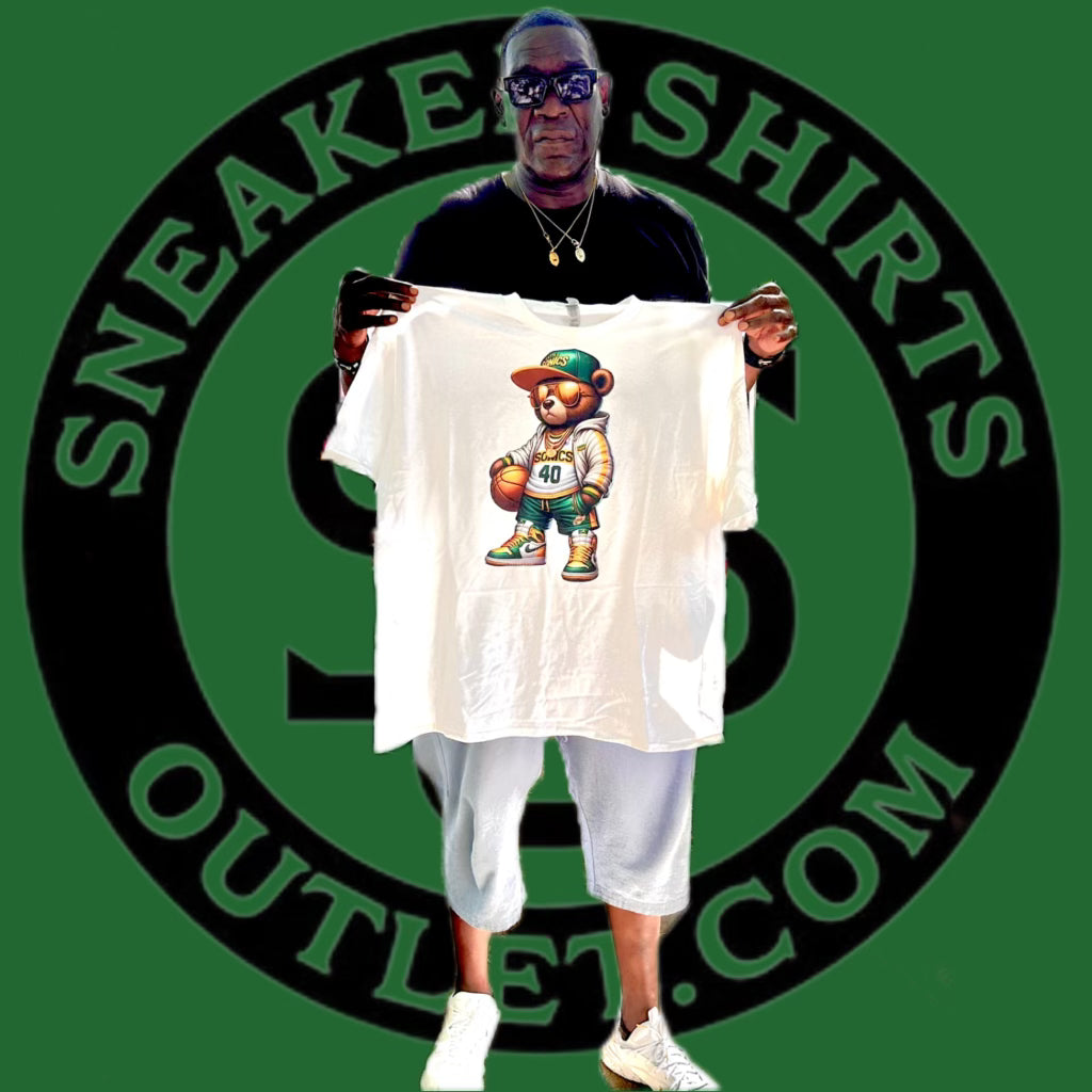 Cool White graphic tee with Shawn Kemp's Very Own Player Bear In Green And Gold