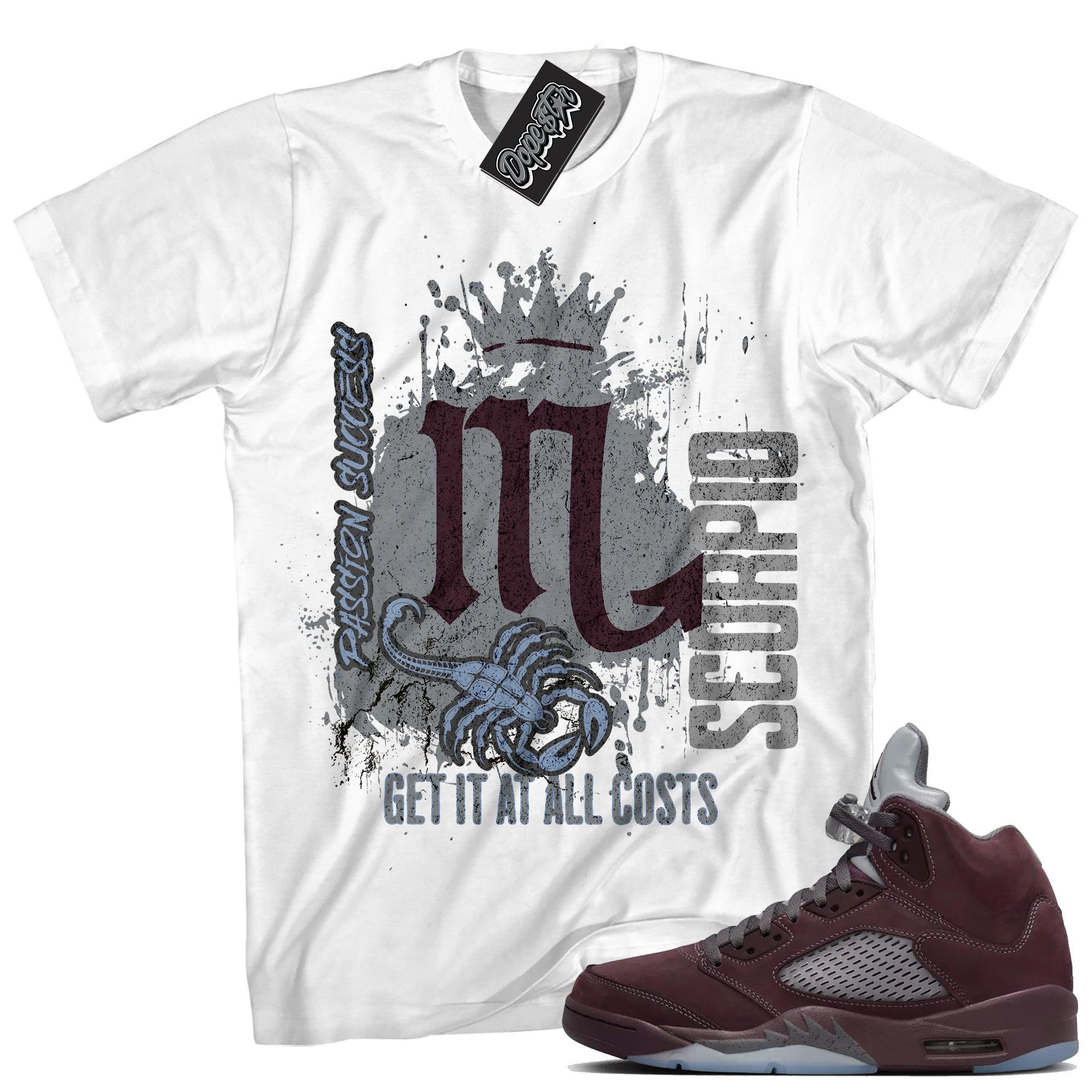 Cool White graphic tee with “ Scorpio ” print, that perfectly matches Air Jordan 5 Burgundy 2023 sneakers