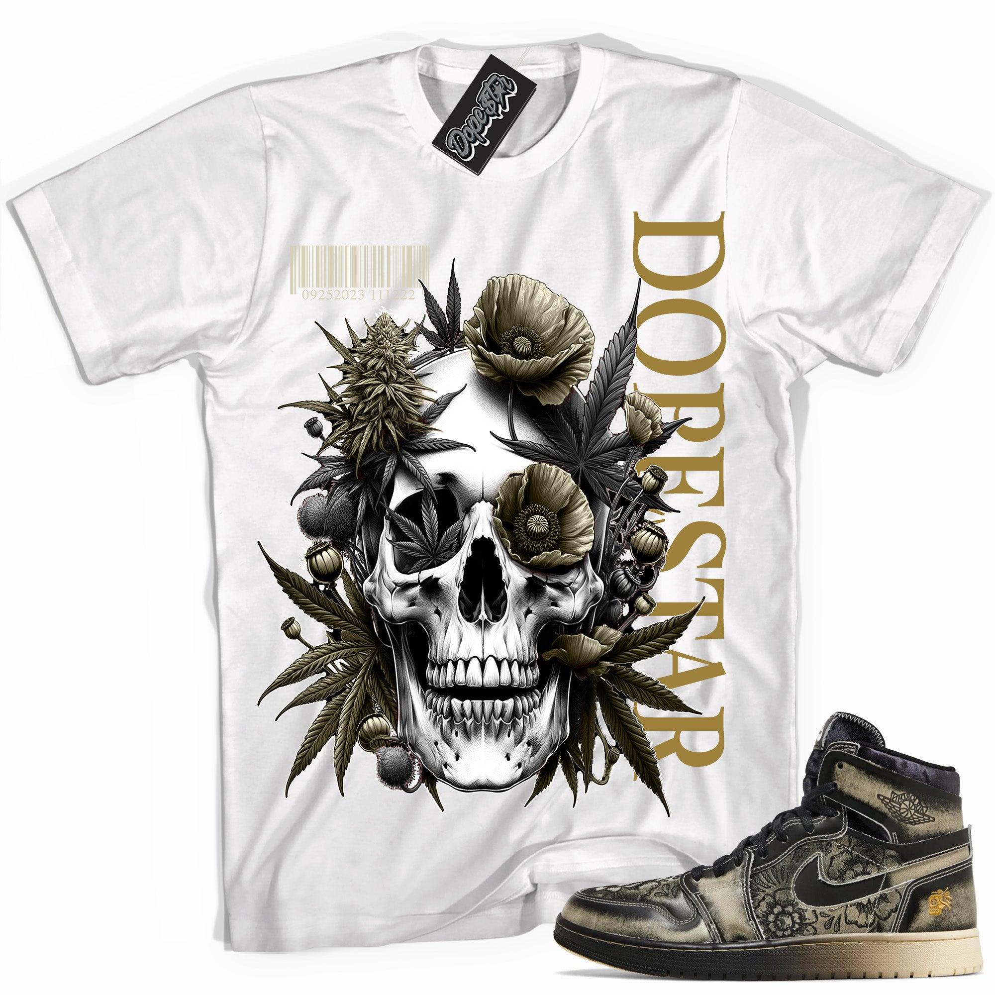 Cool White graphic tee with “ Skull Cannabis Poppies ” print, that perfectly matches Air Jordan 1 High Zoom Comfort 2 Dia de Muertos Black and Pale Ivory sneakers