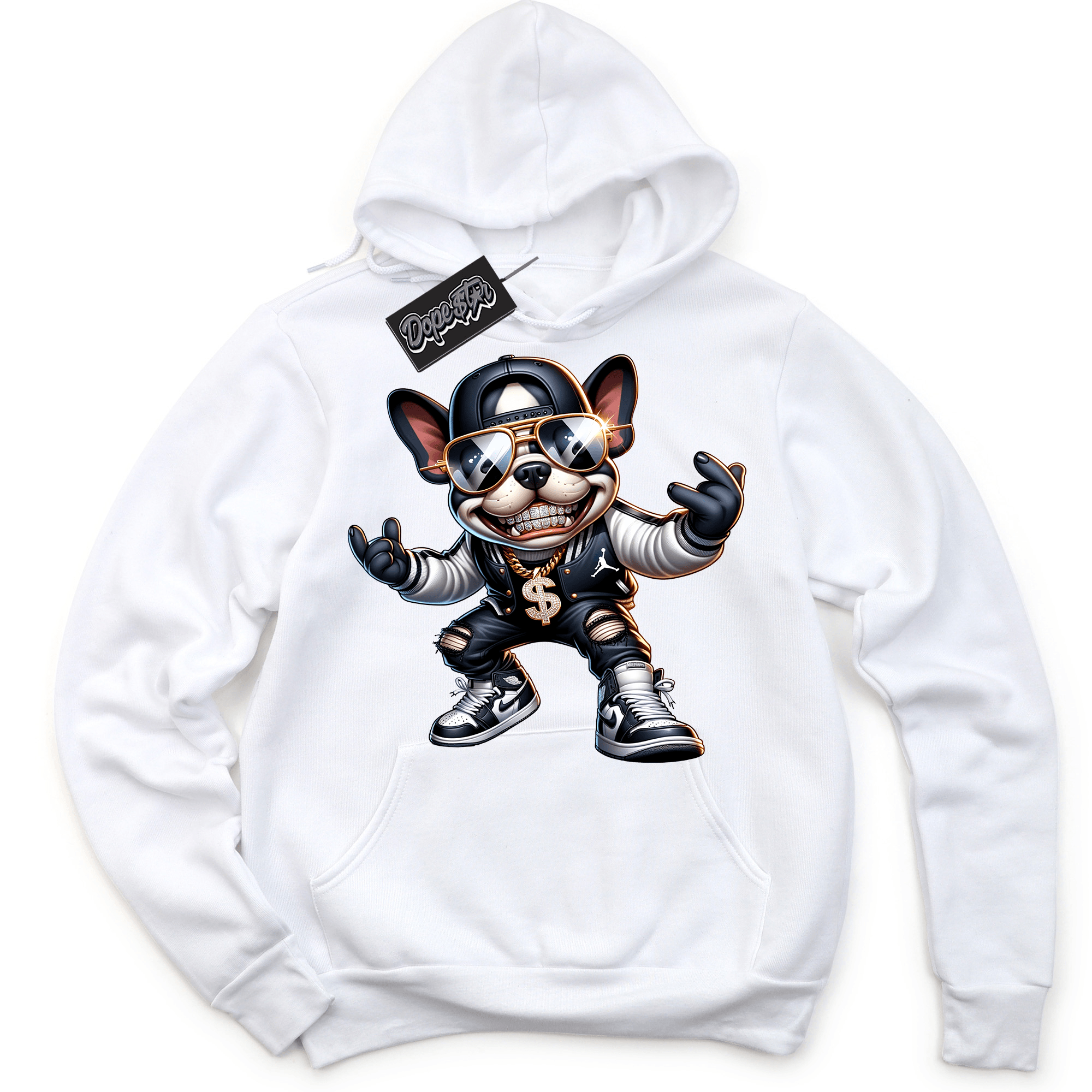 Cool White Hoodie With Frenchie OG design That Perfectly Matches Air Jordan 1 Retro High OG Black And White Sneakers.