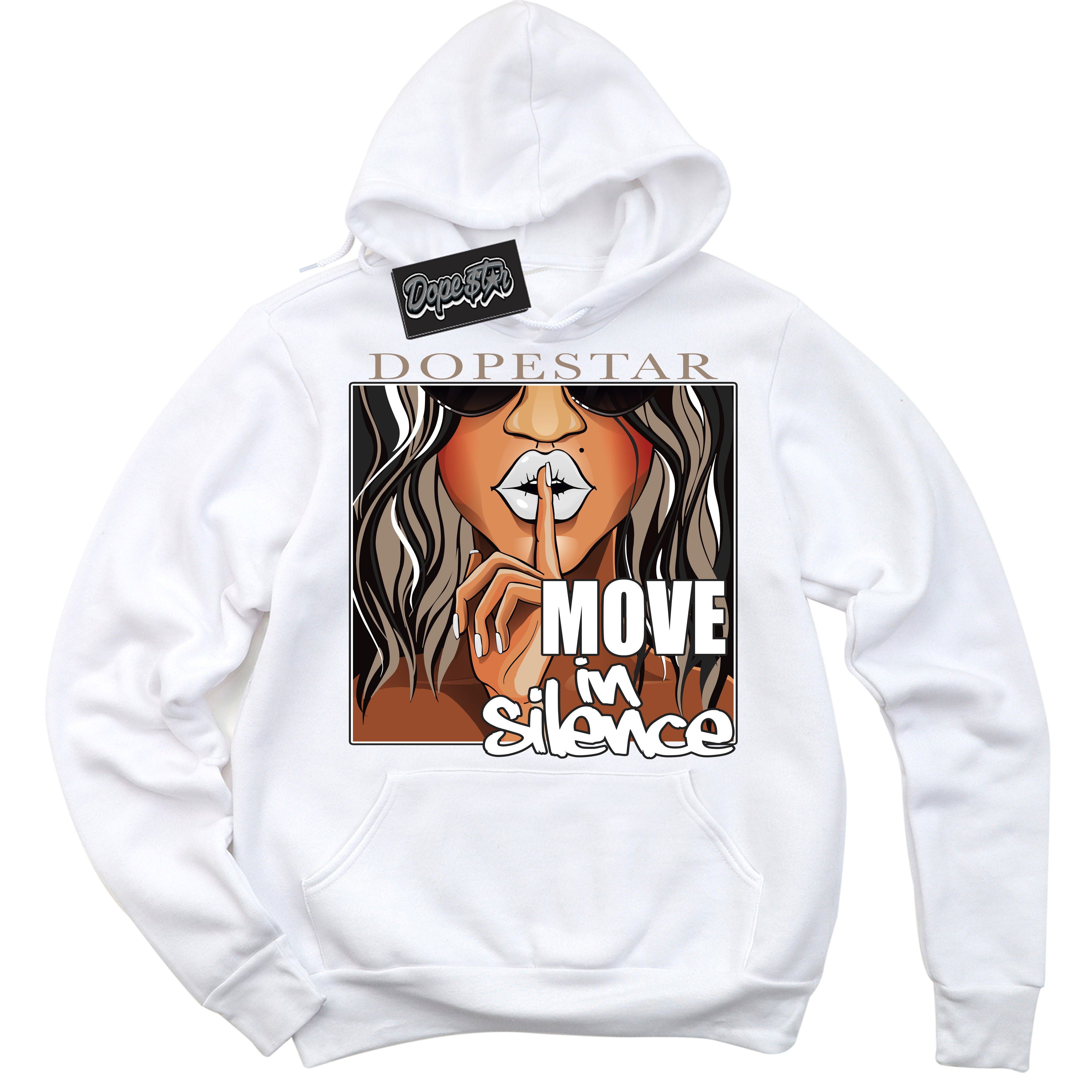 Cool White Hoodie with “ Move In Silence ” design that Perfectly Matches Latte 1s Sneakers.