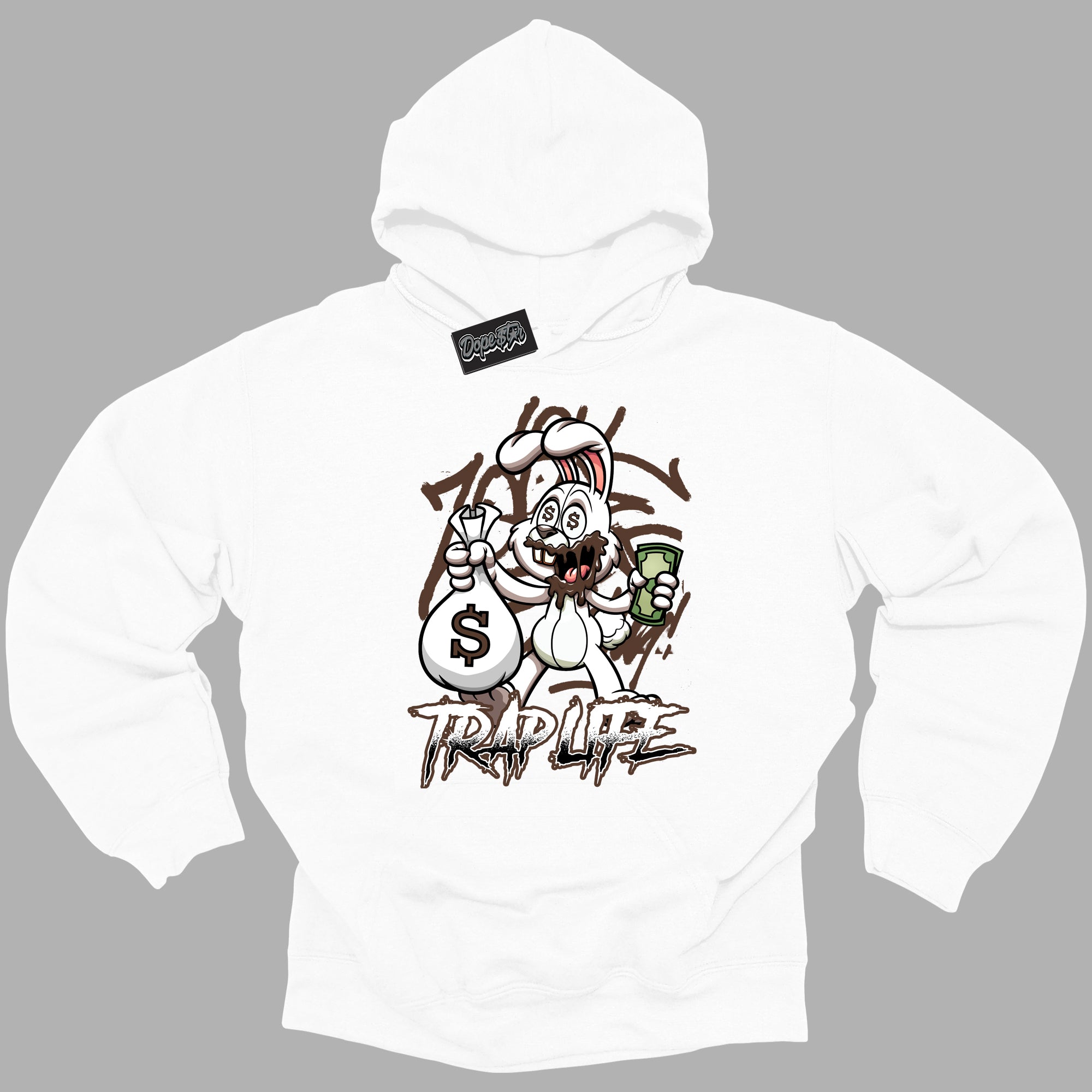 Cool White Graphic DopeStar Hoodie with “ Trap Rabbit “ print, that perfectly matches Palomino 1s sneakers