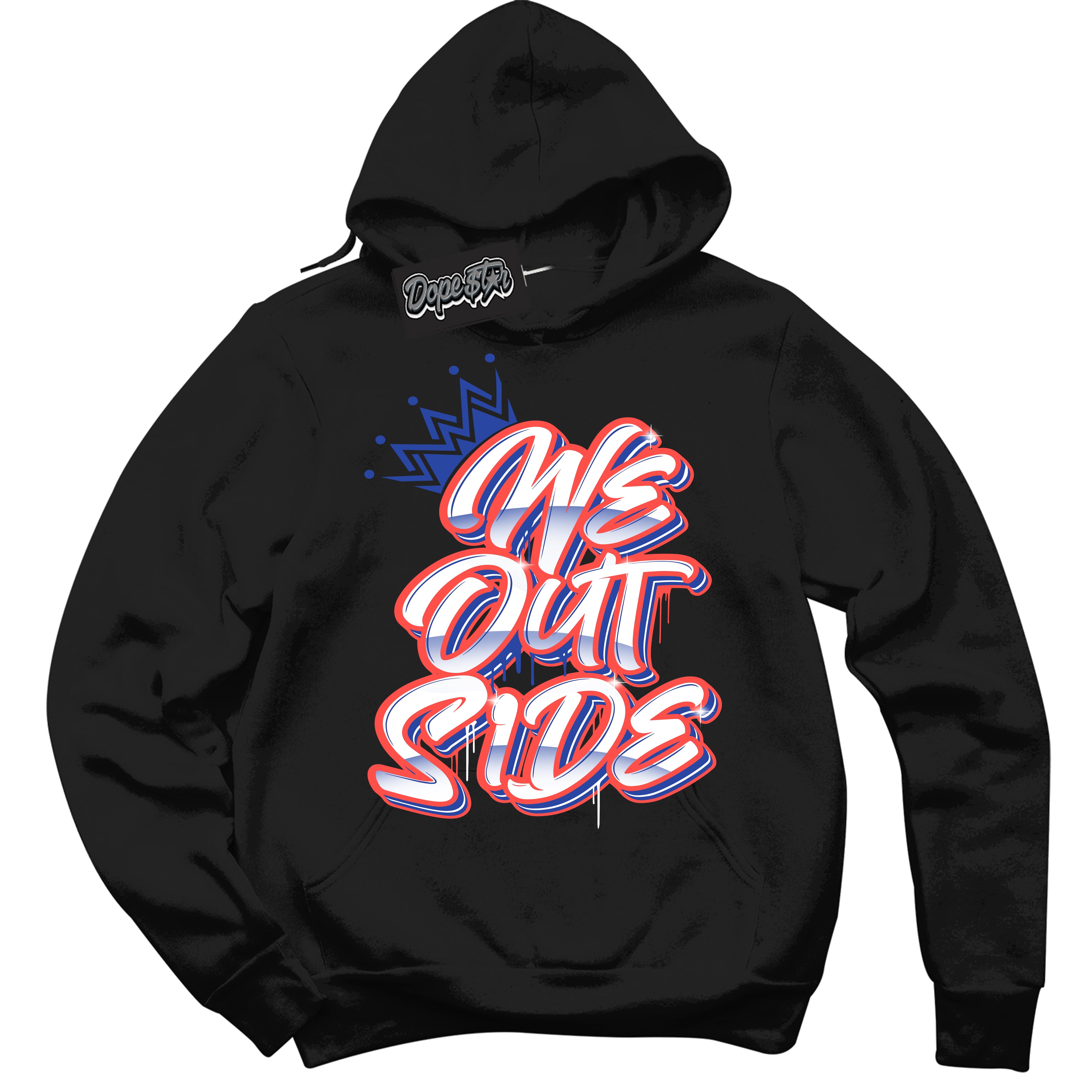 Cool Black Hoodie with “ We Outside '' design that Perfectly Matches Ultramarine 180s Sneakers.