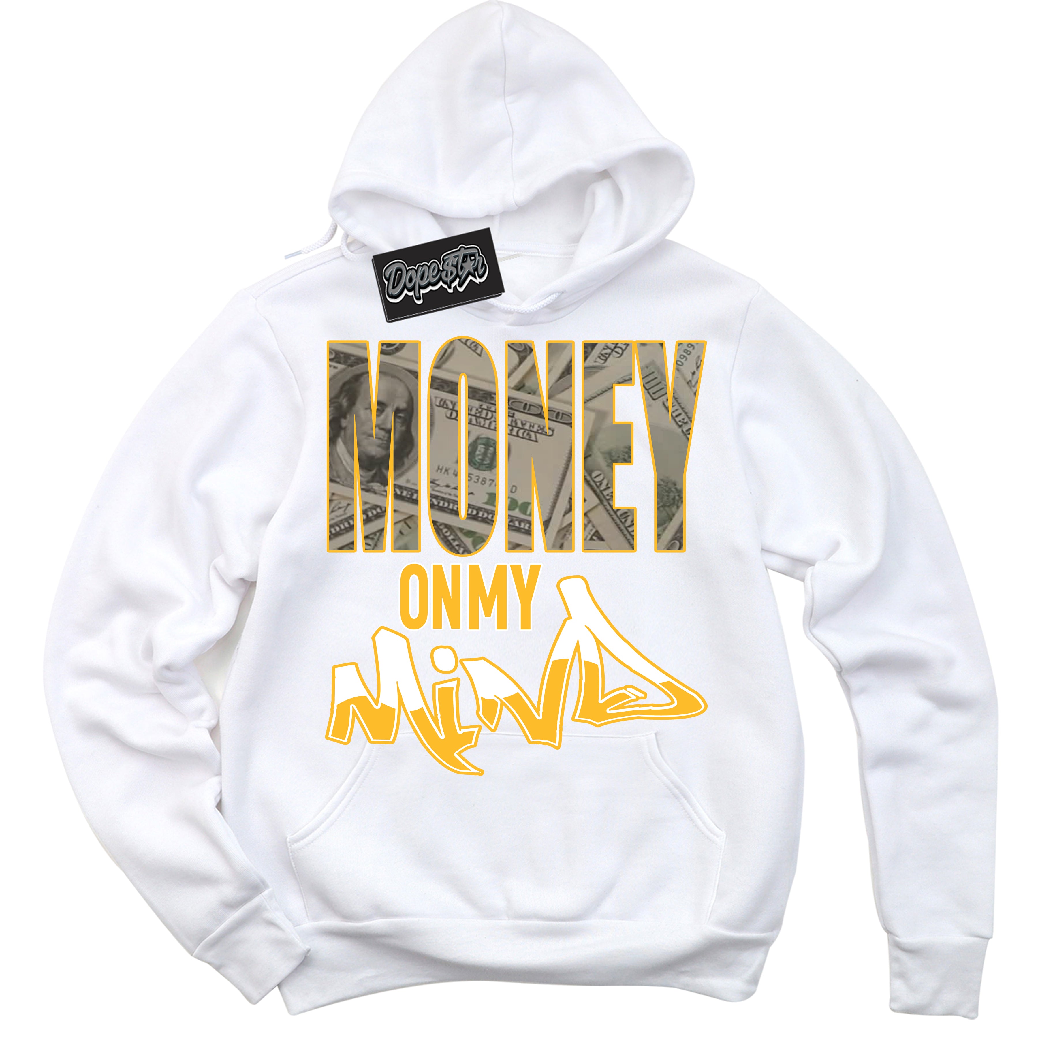 Cool White Hoodie with “ Money On My Mind '' design that Perfectly Matches White University Gold Sneakers.
