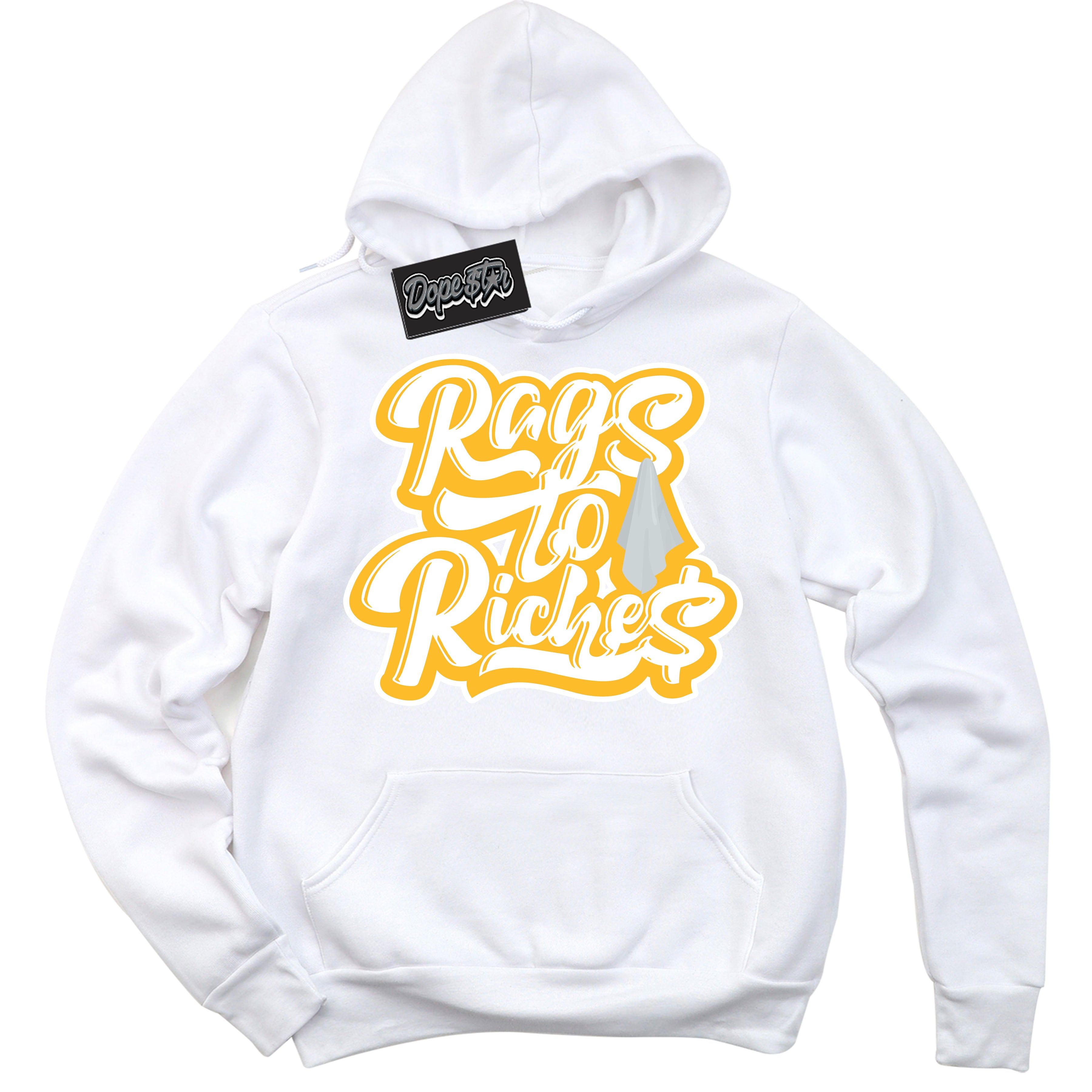 Cool White Hoodie with “ Rags To Riches '' design that Perfectly Matches White University Gold Sneakers.