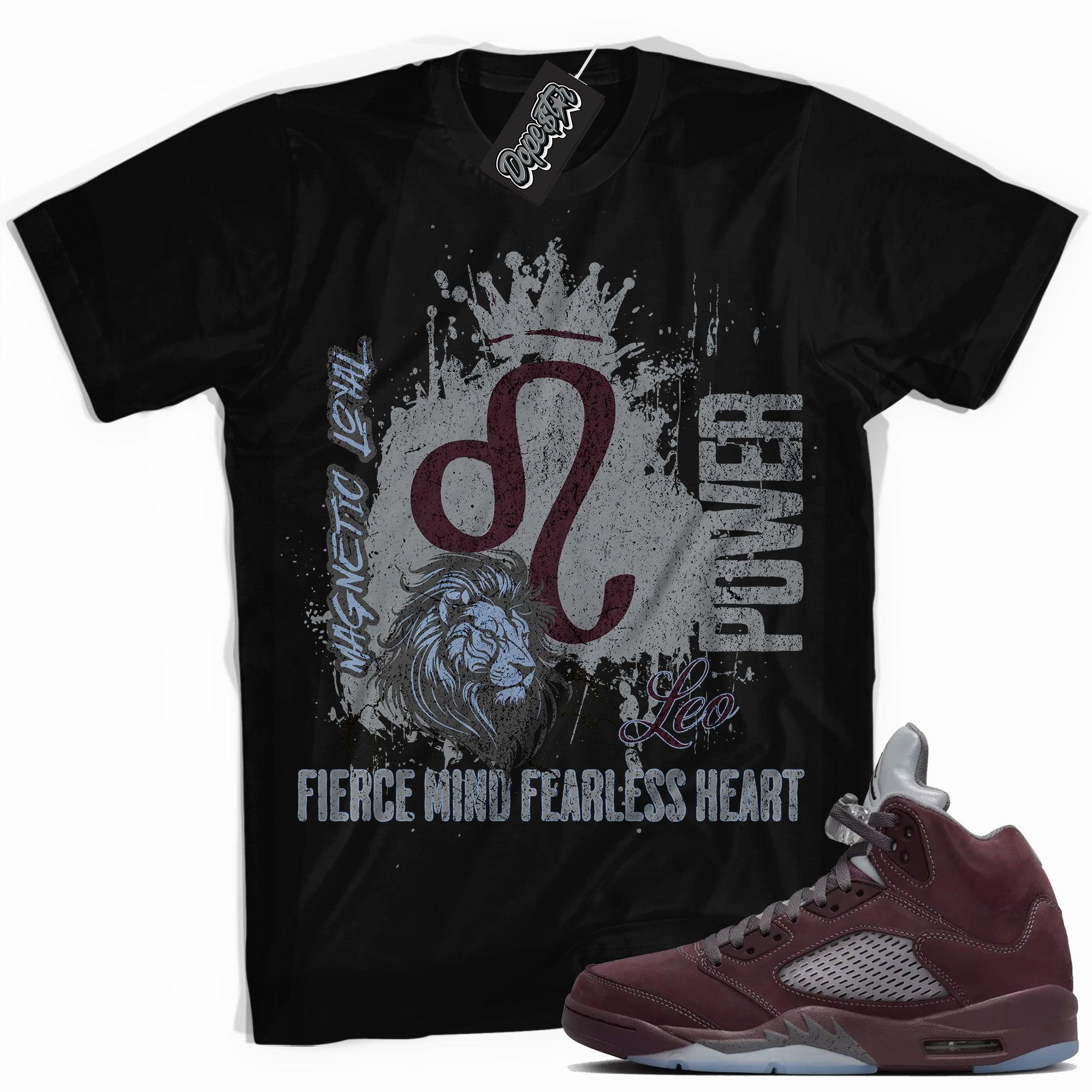 Cool Black graphic tee with “ LEO ” print, that perfectly matches Air Jordan 5 Burgundy 2023 sneakers