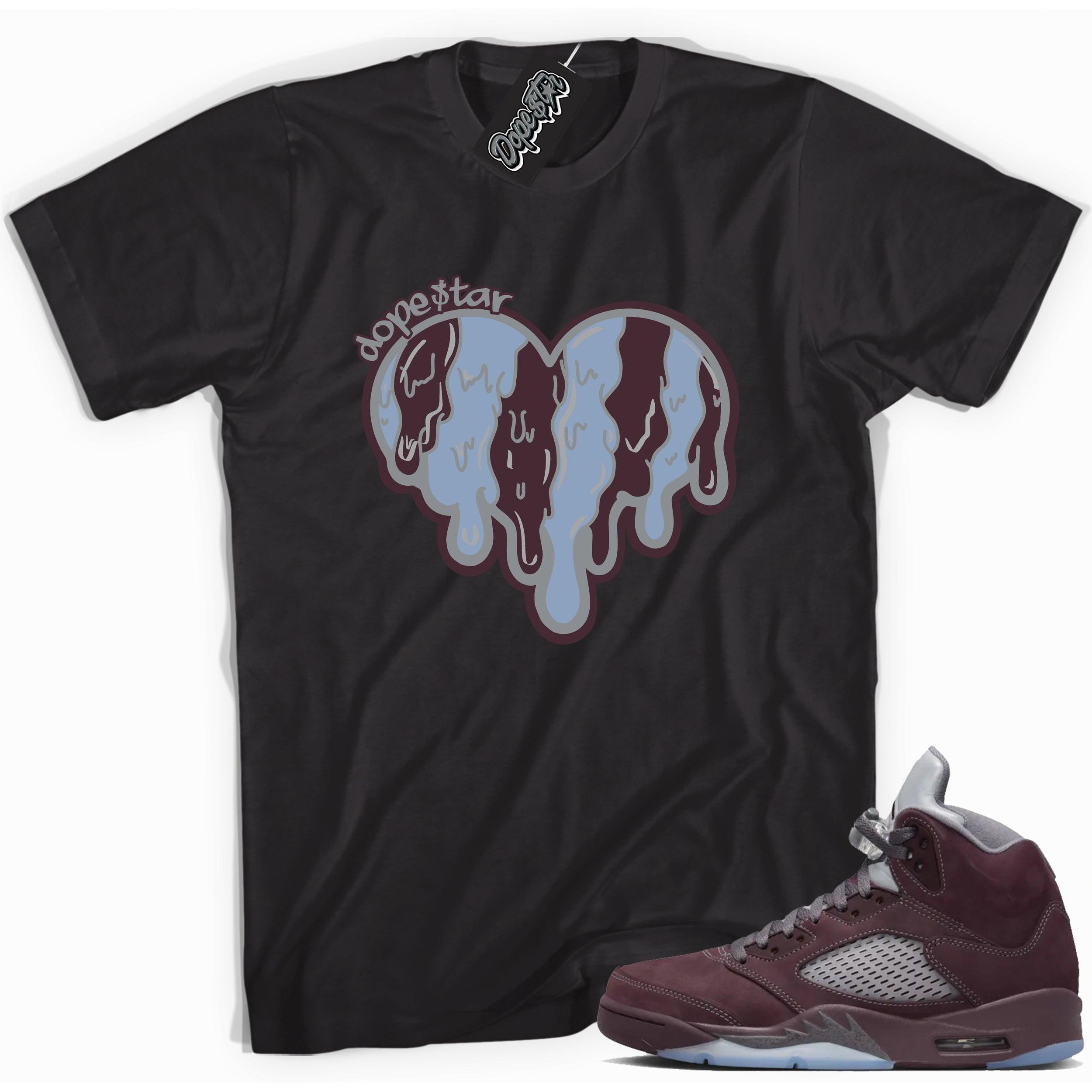 Cool Black graphic tee with “ Melting Heart ” print, that perfectly matches Air Jordan 5 Burgundy 2023 sneakers