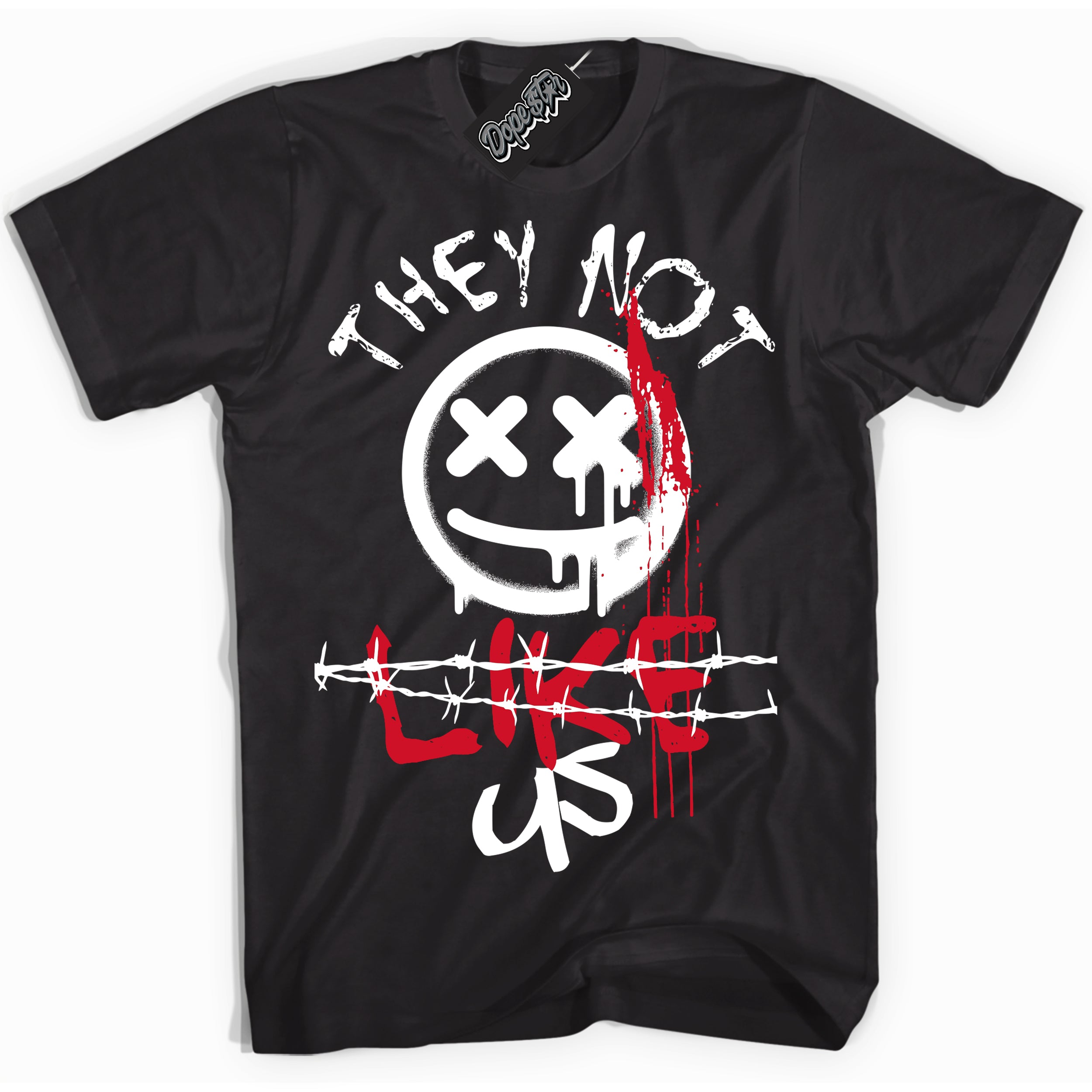 Black “They Not Like Us” T-shirt by Dope Star Brand®, styled to match Chicago 1s sneakers