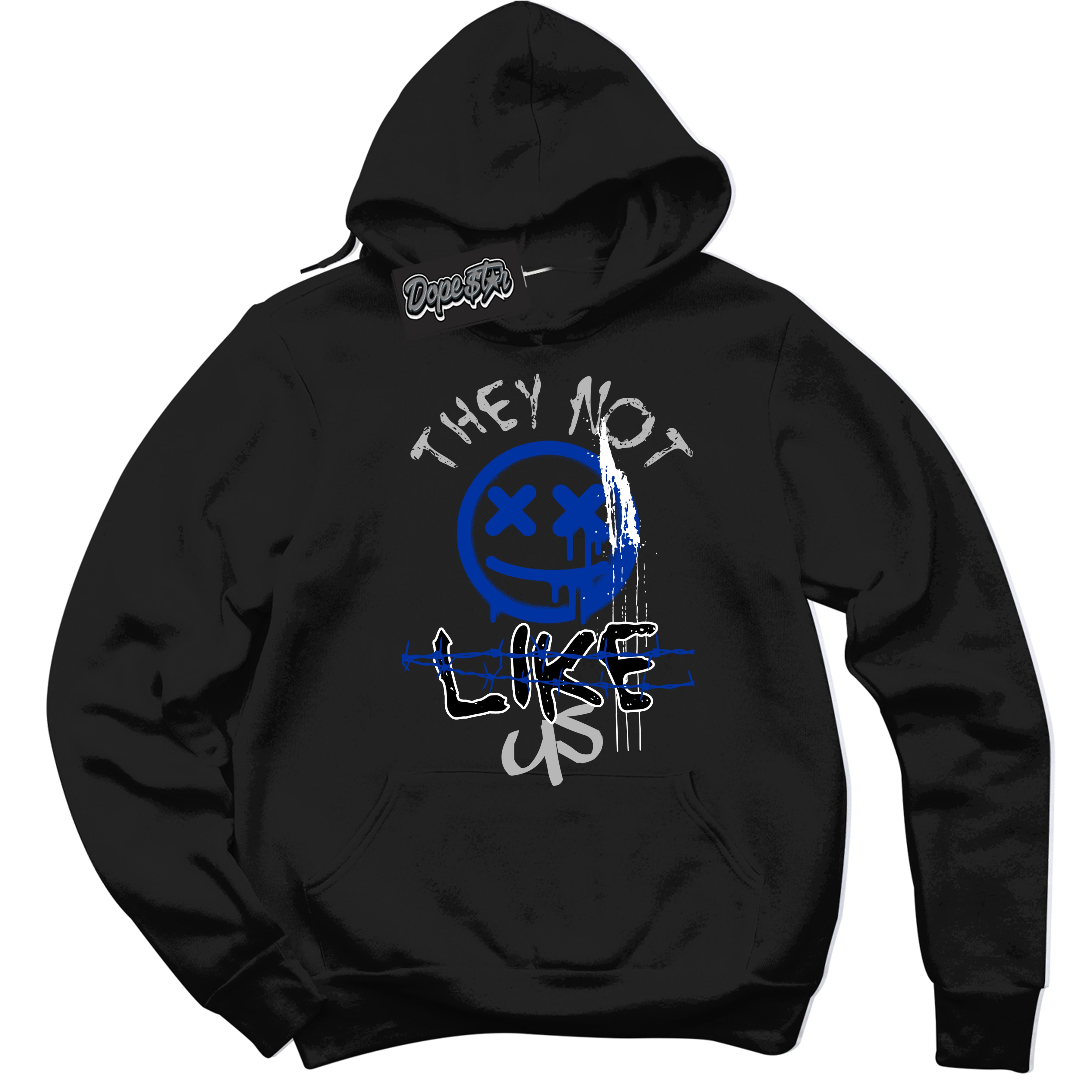 Black “They Not Like Us” Hoodie by Dope Star Brand®, styled to match Deep Royal Blue 1s sneakers