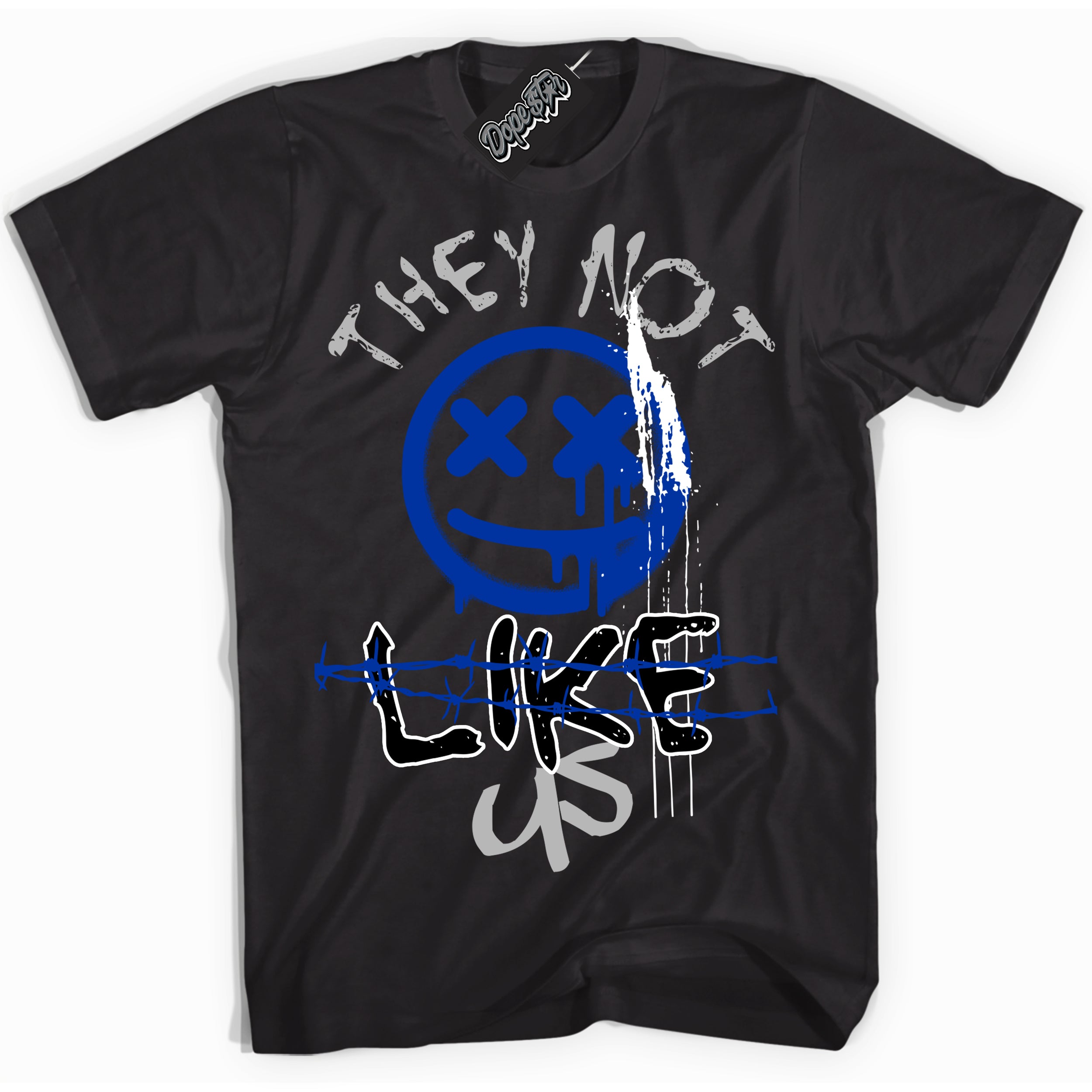 Black “They Not Like Us” T-shirt by Dope Star Brand®, styled to match Deep Royal Blue 1s sneakers