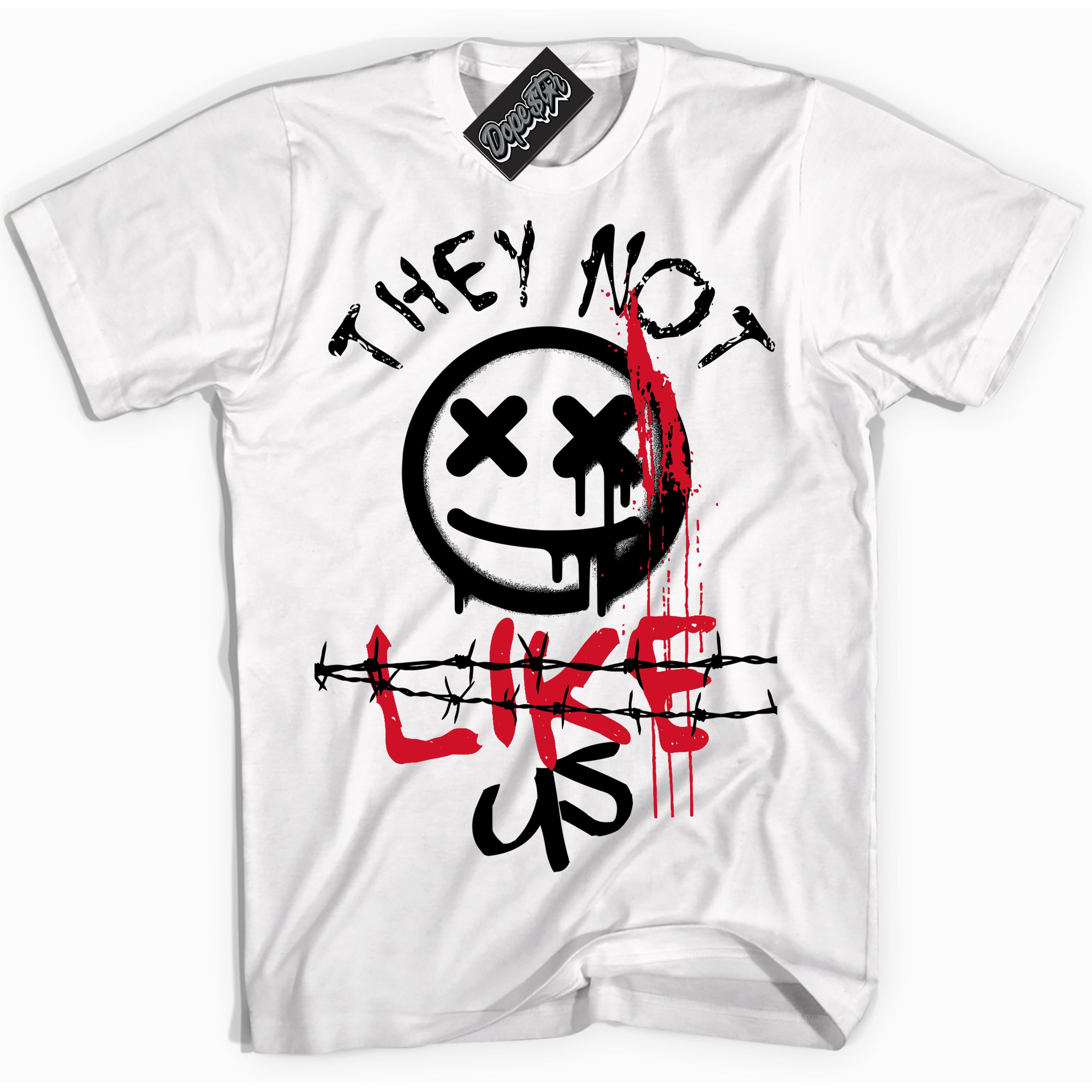 White “They Not Like Us” T-shirt by Dope Star Brand®, styled to match Black Toe 1s sneakers