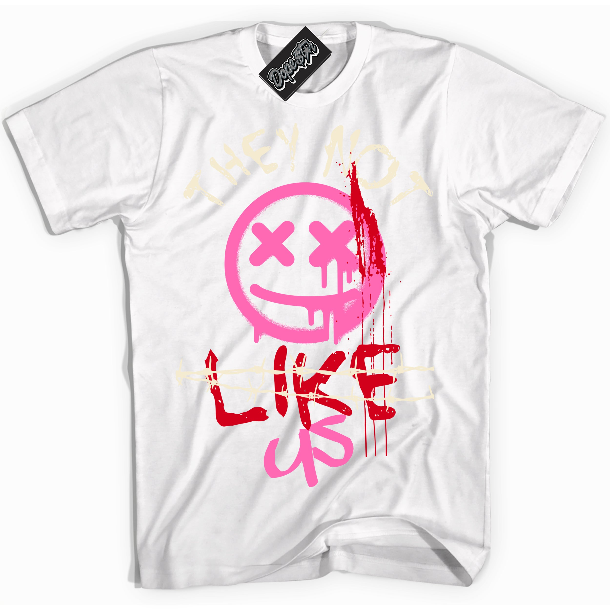 White “They Not Like Us” T-shirt by Dope Star Brand®, styled to match Pink Satin 1s sneakers