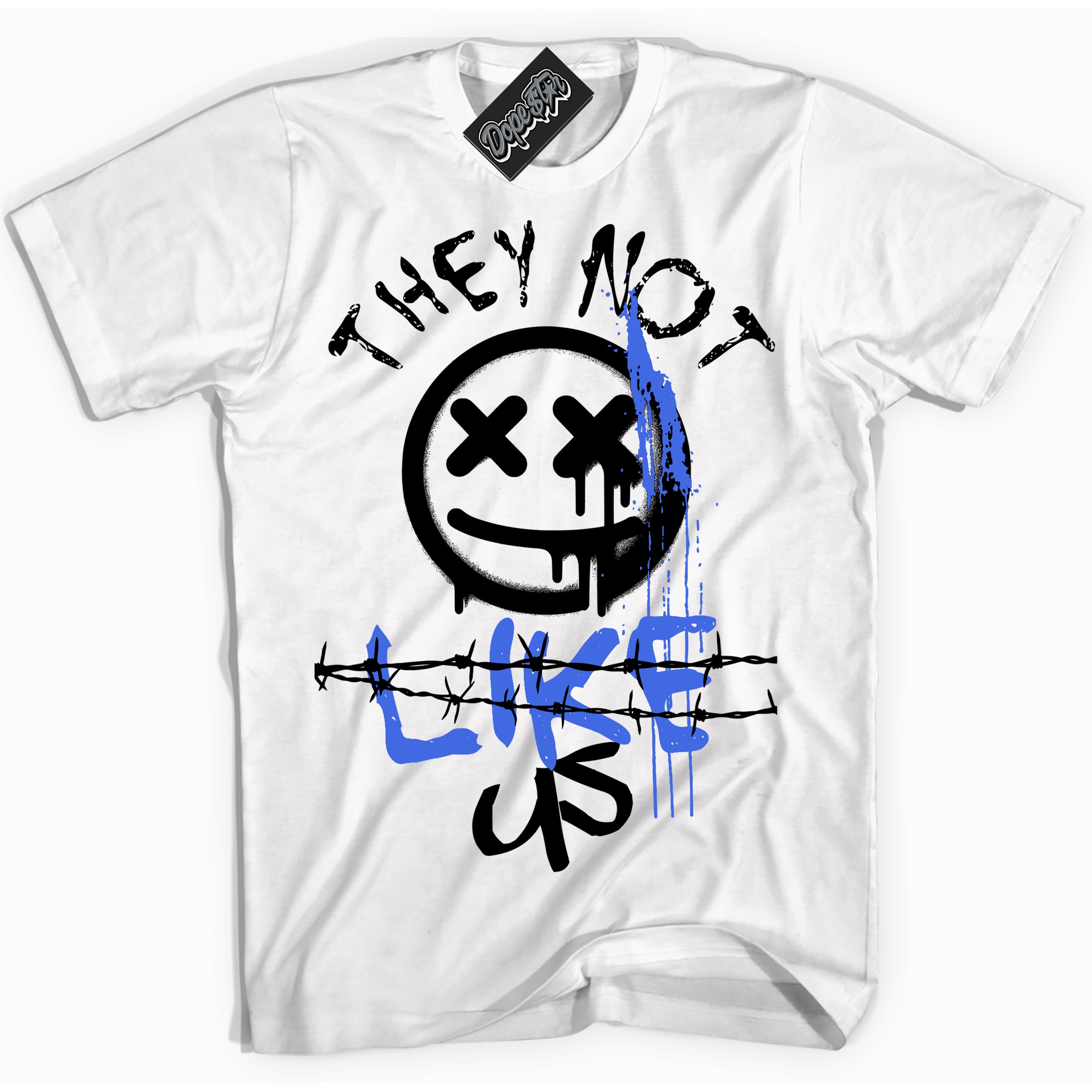 White “They Not Like Us” T-shirt by Dope Star Brand®, styled to match Royal 1s sneakers