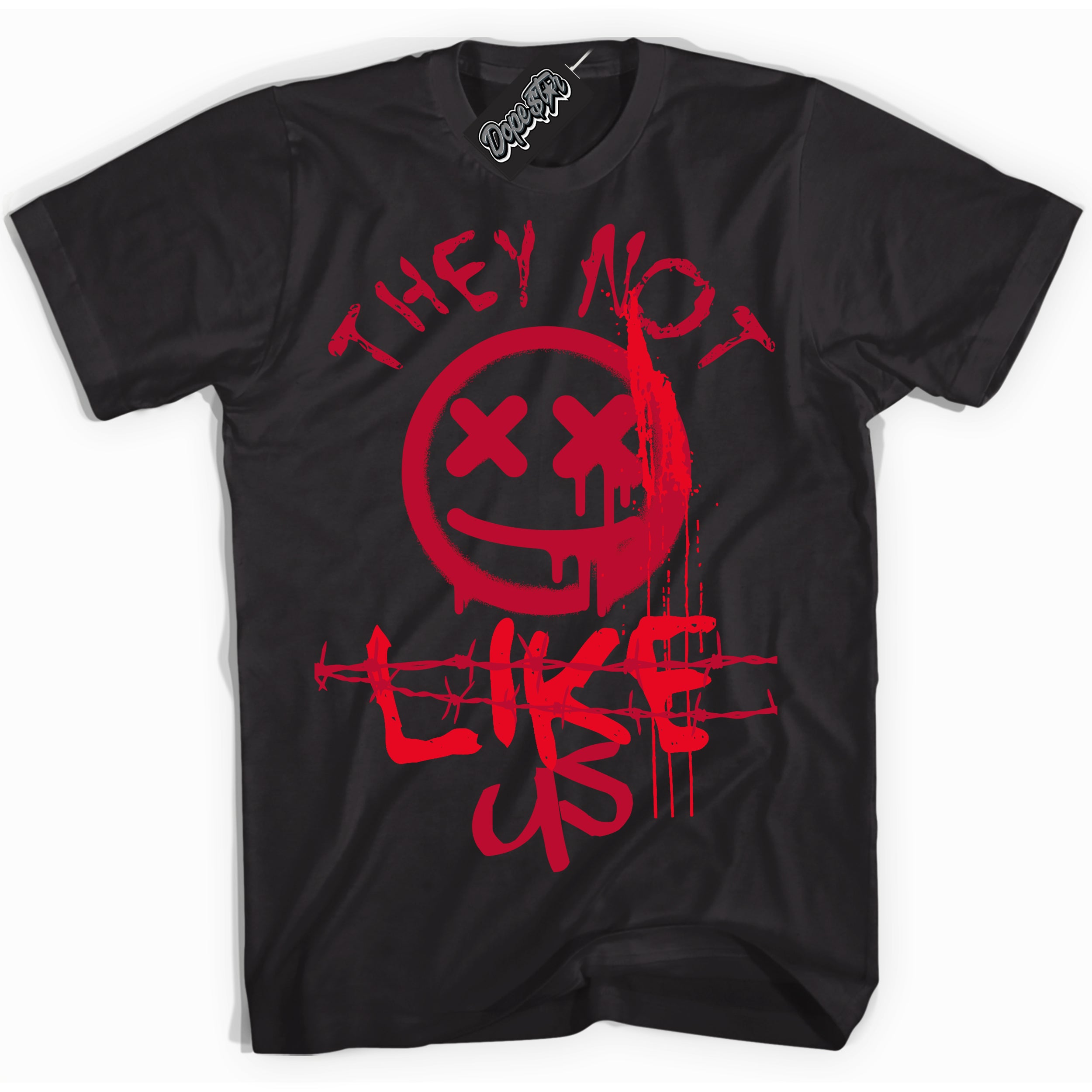 Black “They Not Like Us” T-shirt by Dope Star Brand®, styled to match University Red Dunk sneakers