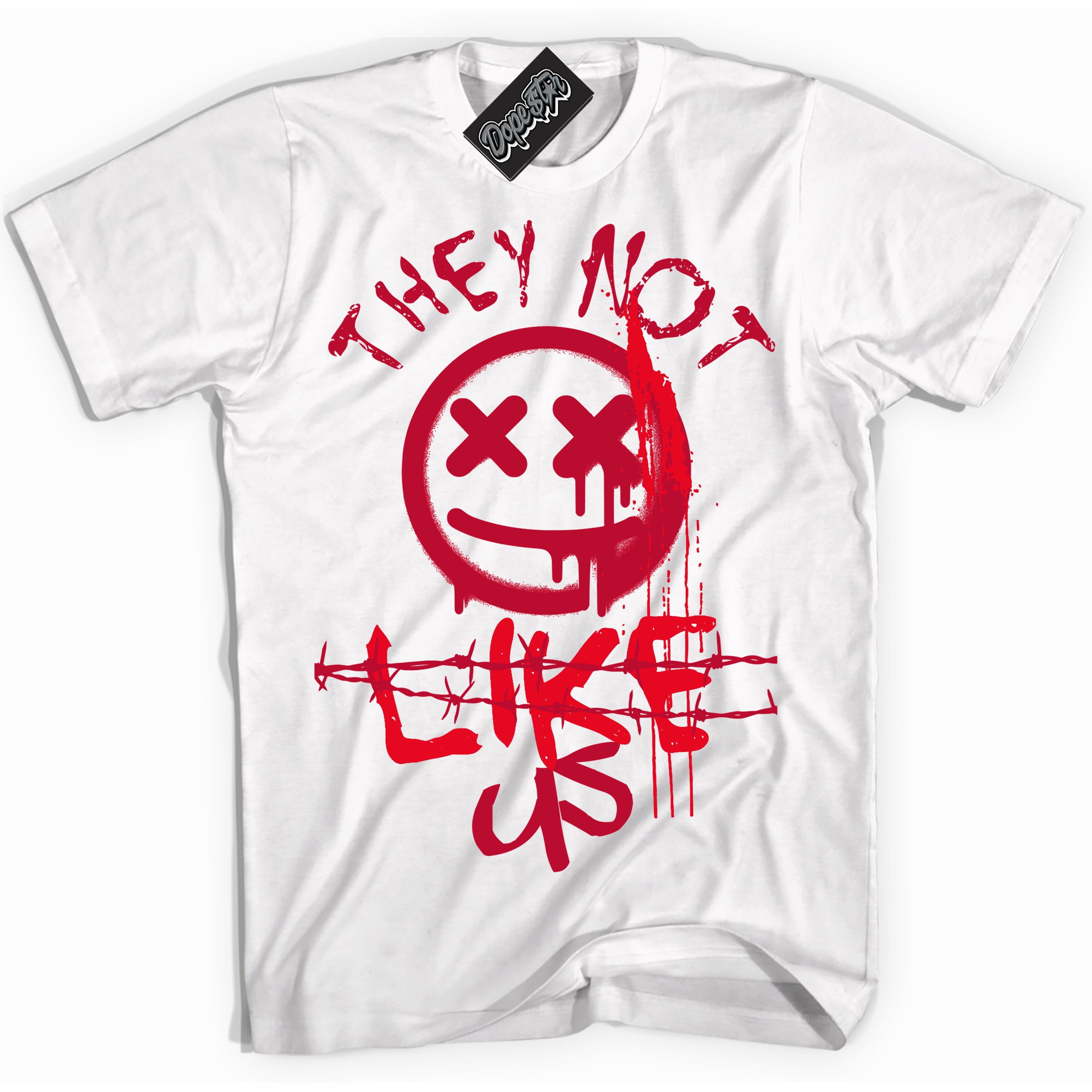 White “They Not Like Us” T-shirt by Dope Star Brand®, styled to match University Red Dunk sneakers