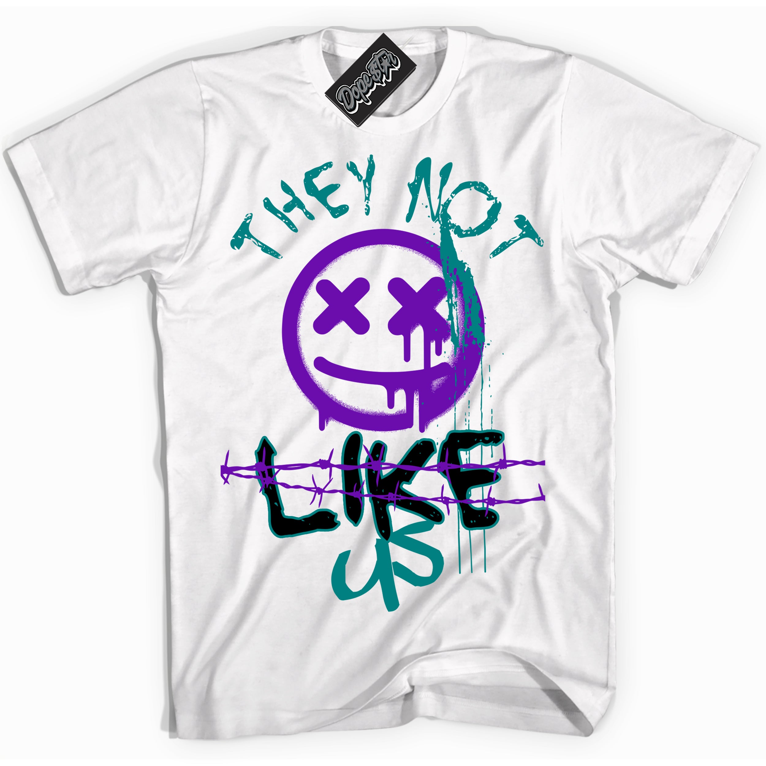White “They Not Like Us” T-shirt by Dope Star Brand®, styled to match Wizard Dunk sneakers