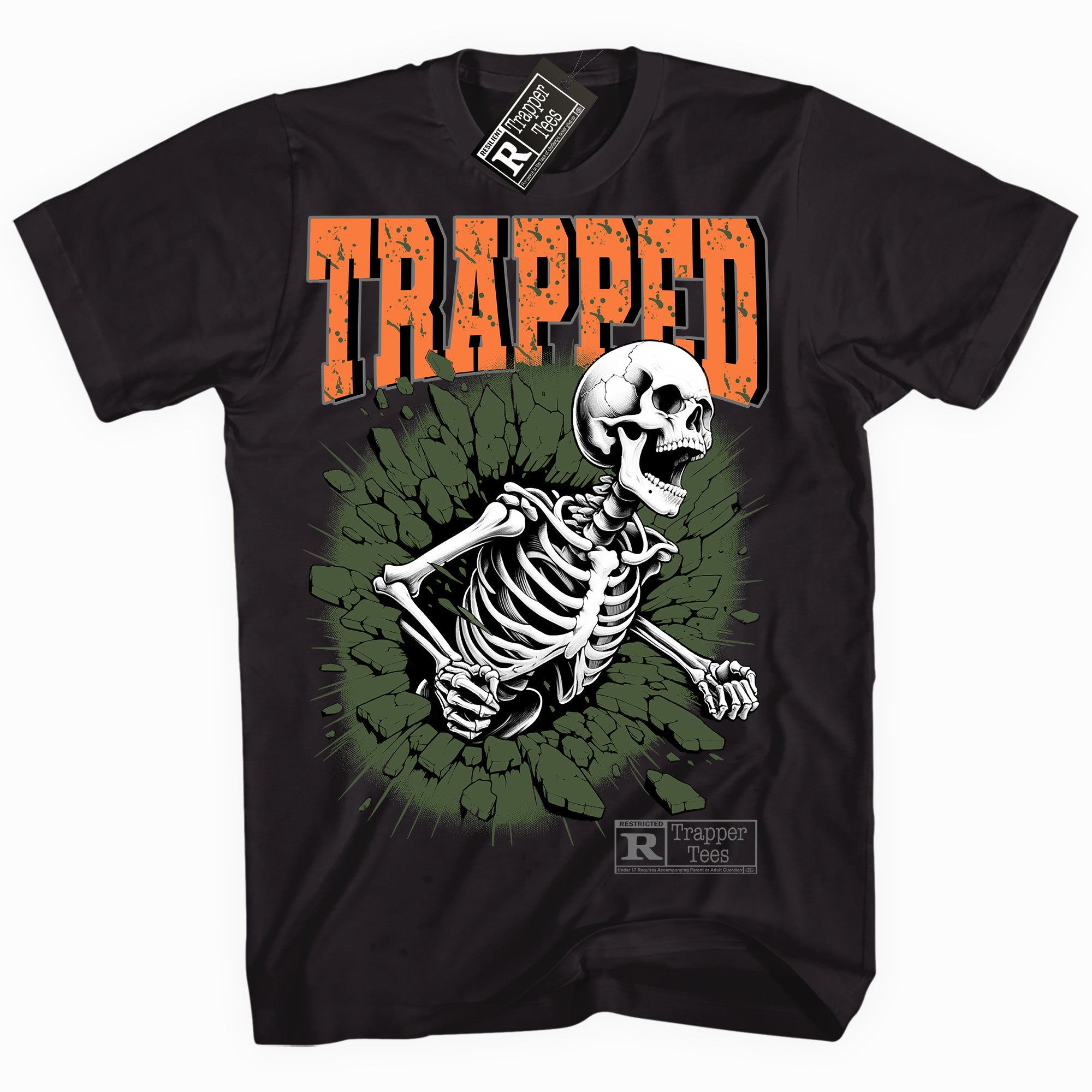 Cool Black graphic tee with “ Trapped Skull ” print, that perfectly matches Olive 5s sneakers