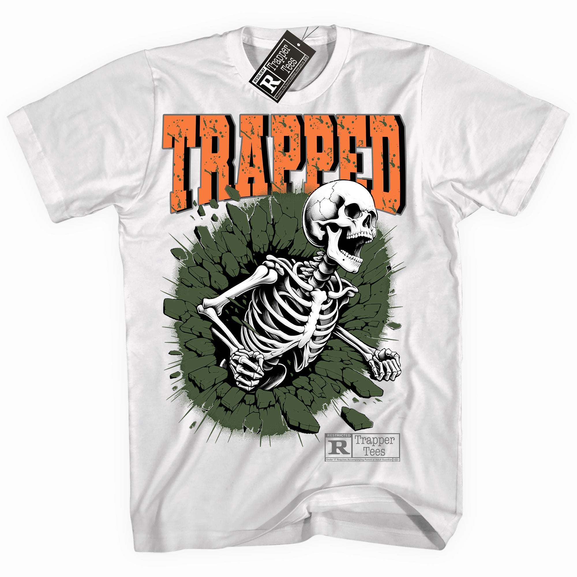Cool White graphic tee with “ Trapped Skull ” print, that perfectly matches Olive 5s sneakers