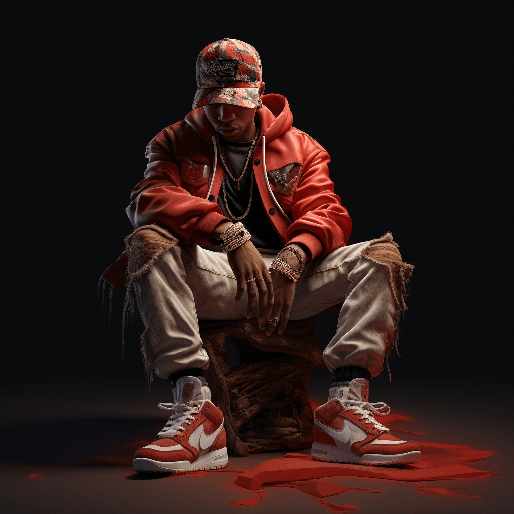Rapper sitting down wearing an outfit that perfectly matches his Air Jordans