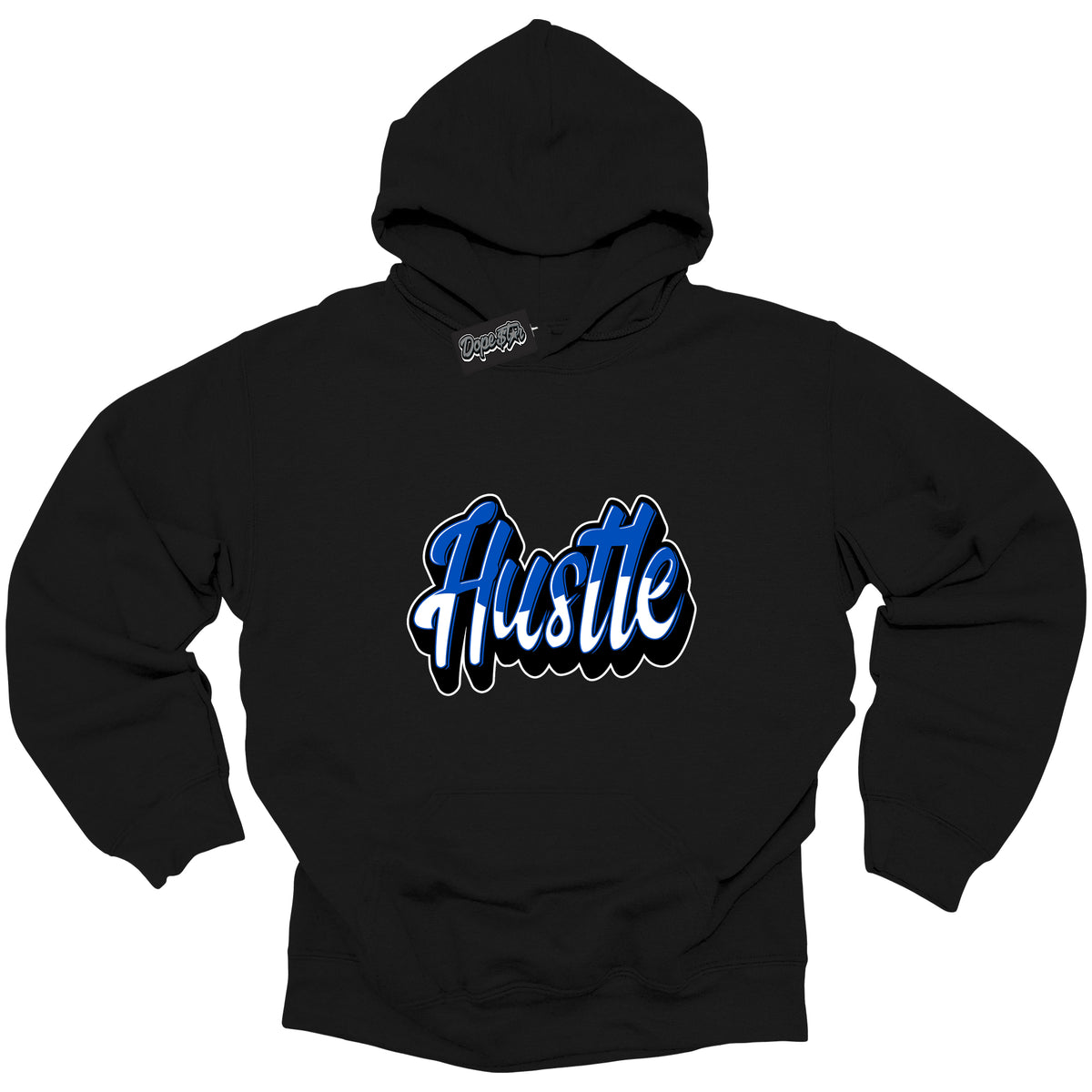 Cool Black Hoodie with “ Hustle ”  design that Perfectly Matches  Royal Reimagined 1s Sneakers.