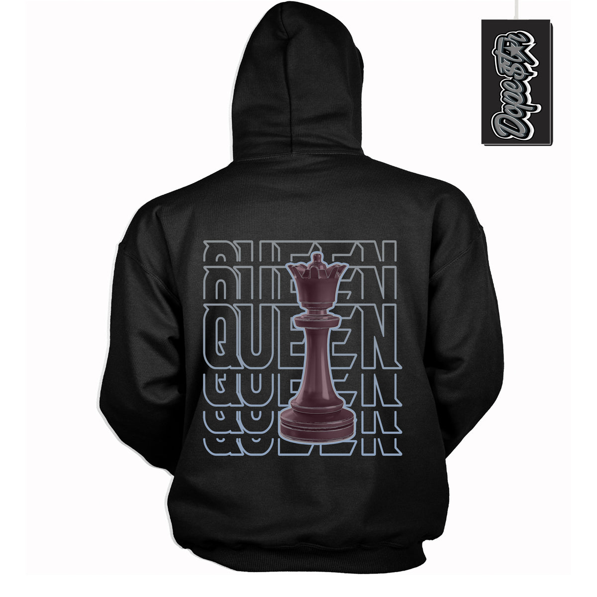 Cool Black Hoodie with “ Queen Chess ”  design that Perfectly Matches Burgundy 5s Sneakers.