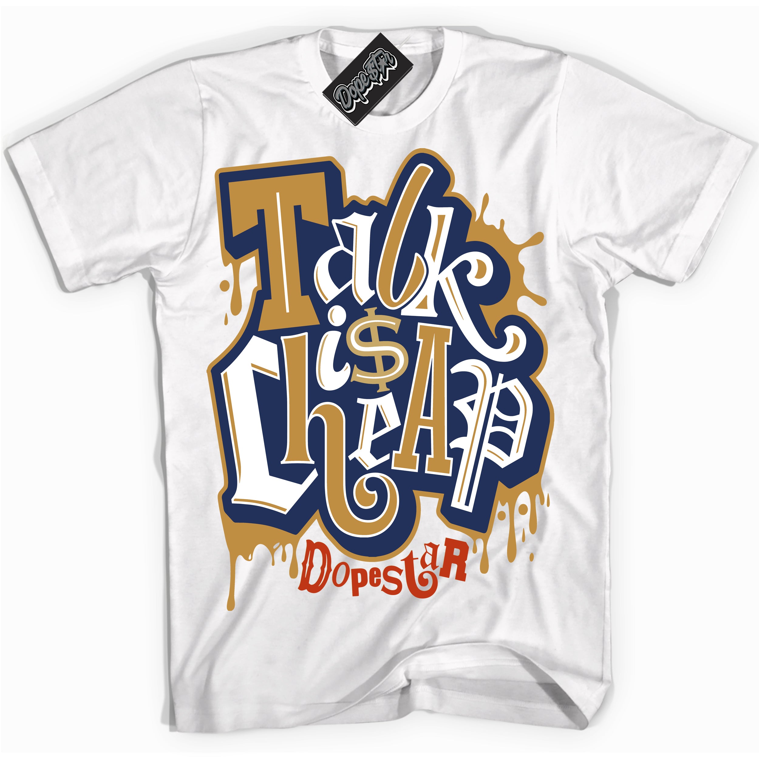 Cool White Shirt with “ Talk Is Cheap” design that perfectly matches Orange Label Navy Gum Sneakers.