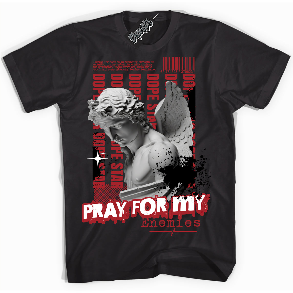 Cool Black Shirt with “ Pray Enemies” design that perfectly matches Retro Lost And Found 1s Sneakers.