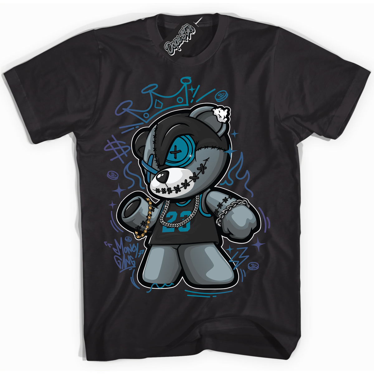 Cool Black Shirt with “ Money Gang Bear” design that perfectly matches Love Letter 14s Sneakers.
