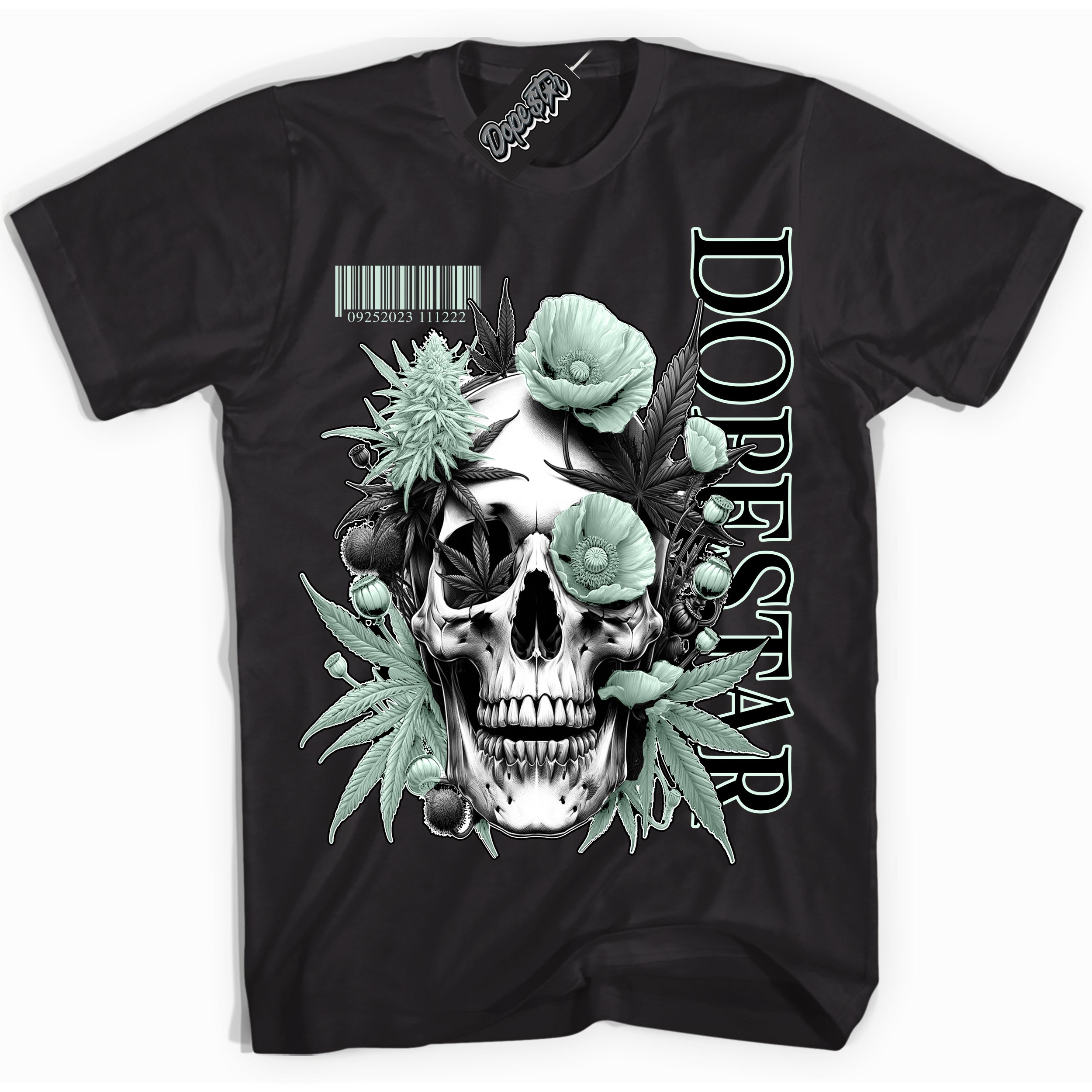 Cool Black Shirt with “ Skull Poppies” design that perfectly matches Dark Smoke Grey Barely Green Sneakers.