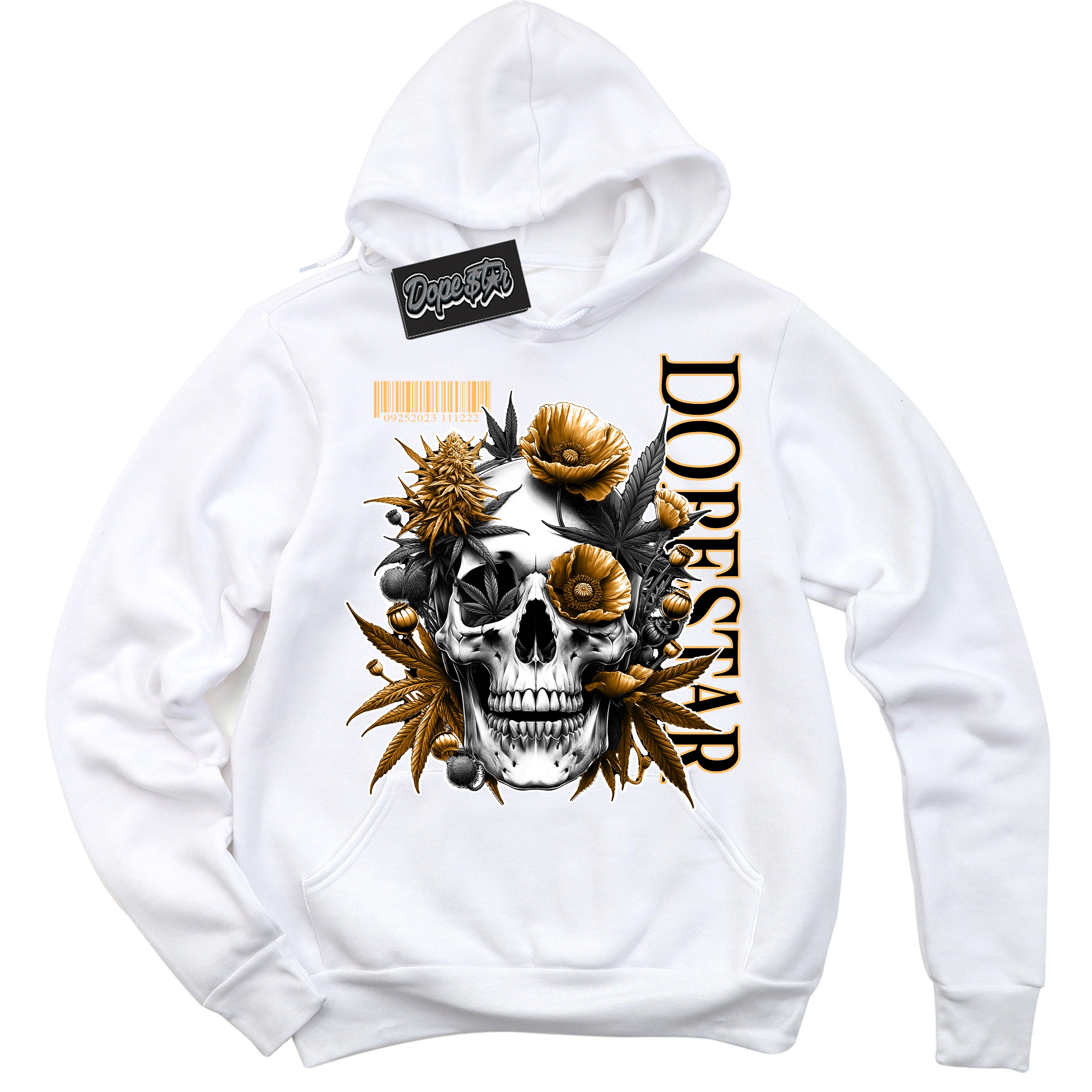 Cool White Hoodie with “ Skull Poppies ”  design that Perfectly Matches Yellow Ochre 1s Sneakers.