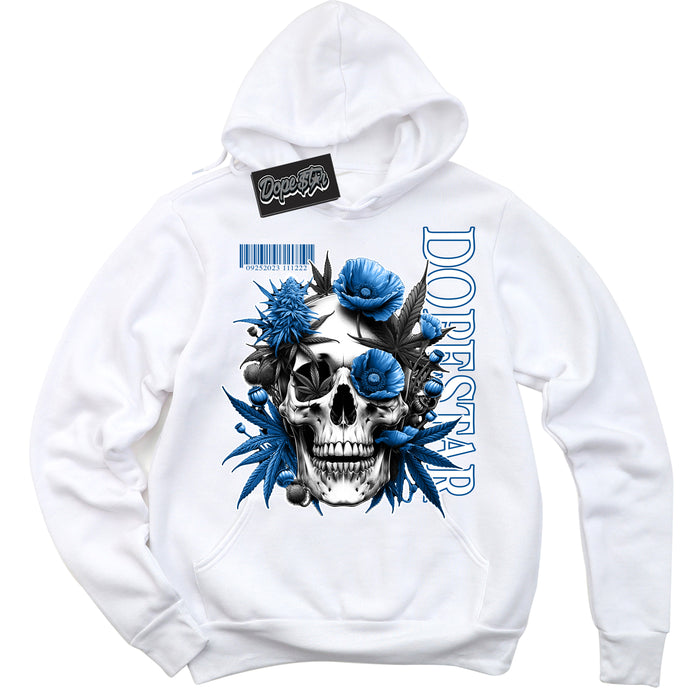 Cool White Hoodie with “ Skull Poppies ”  design that Perfectly Matches Military Blue 4s Sneakers.