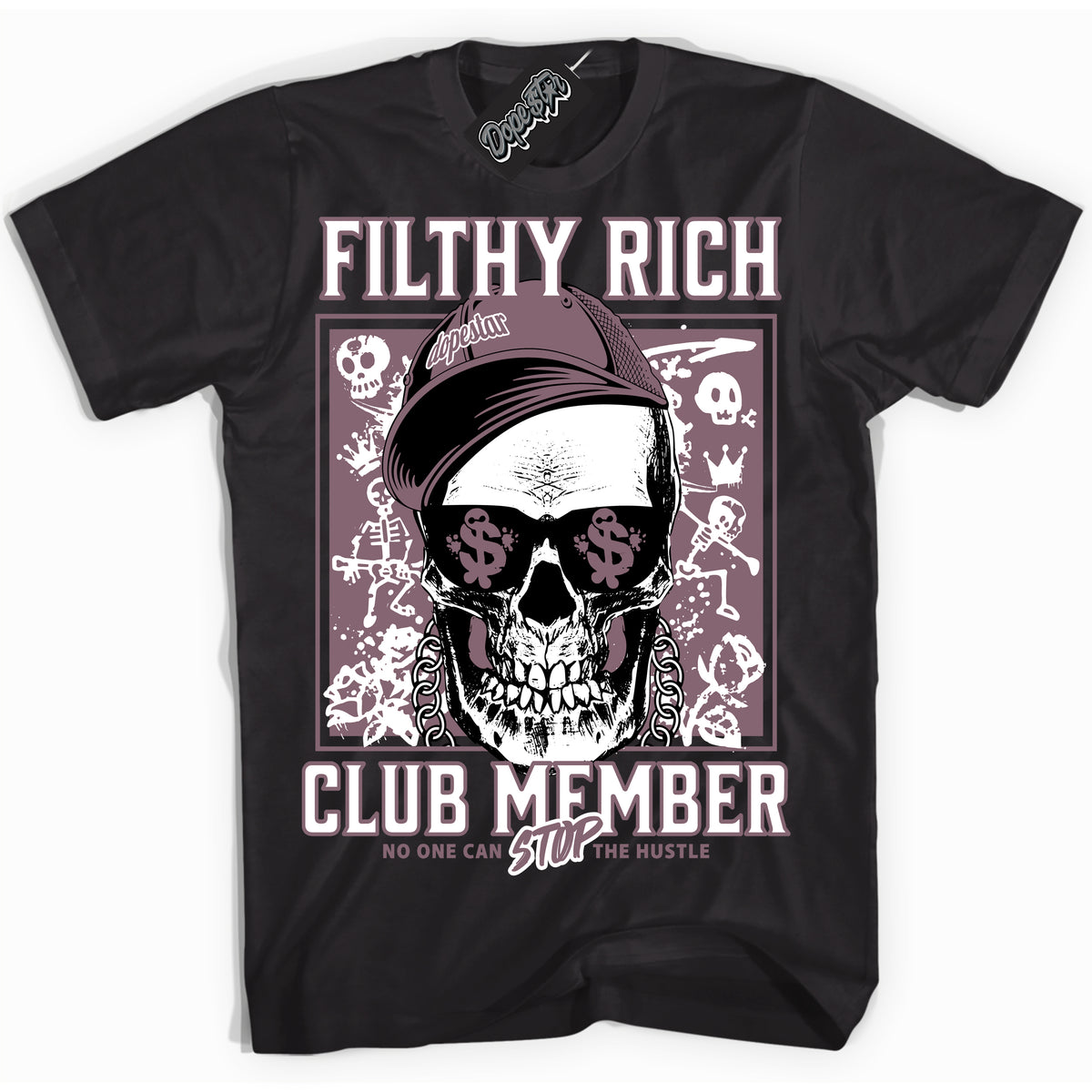 Cool Black Shirt with “ Filthy Rich” design that perfectly matches Mauve 1s Sneakers.