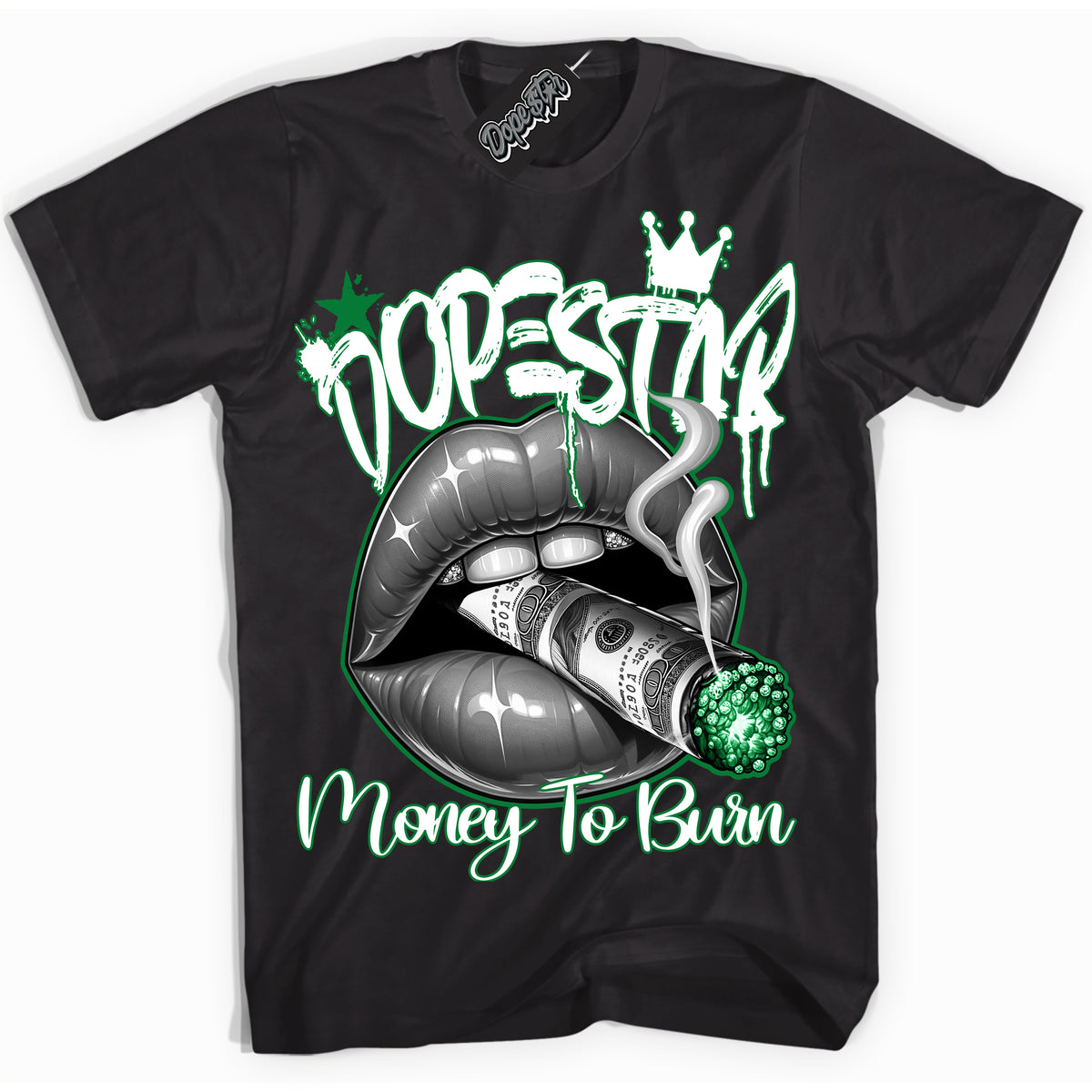 Cool Black Shirt with “ Money To Burn” design that perfectly matches Lucky Green 5s Sneakers.